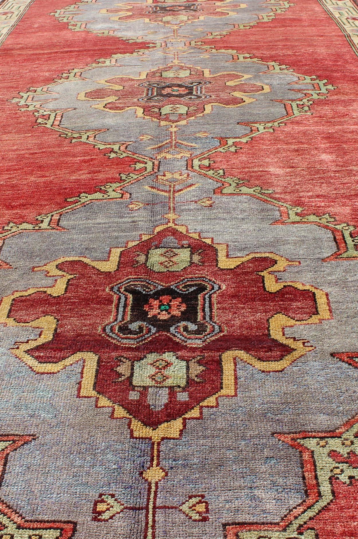 Wool Vintage Turkish Oushak Rug with Three Large Medallions and Vining Floral Border For Sale