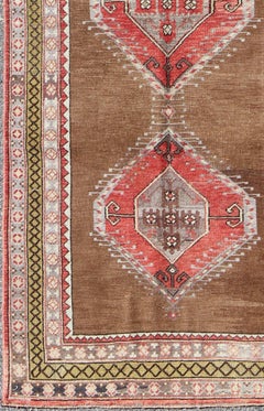 Vintage Turkish Oushak Rug with Three Large Medallions and Multiple Borders