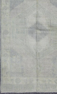 Muted Turkish Oushak Carpet with Two Diamond Medallions in Blue and Gray