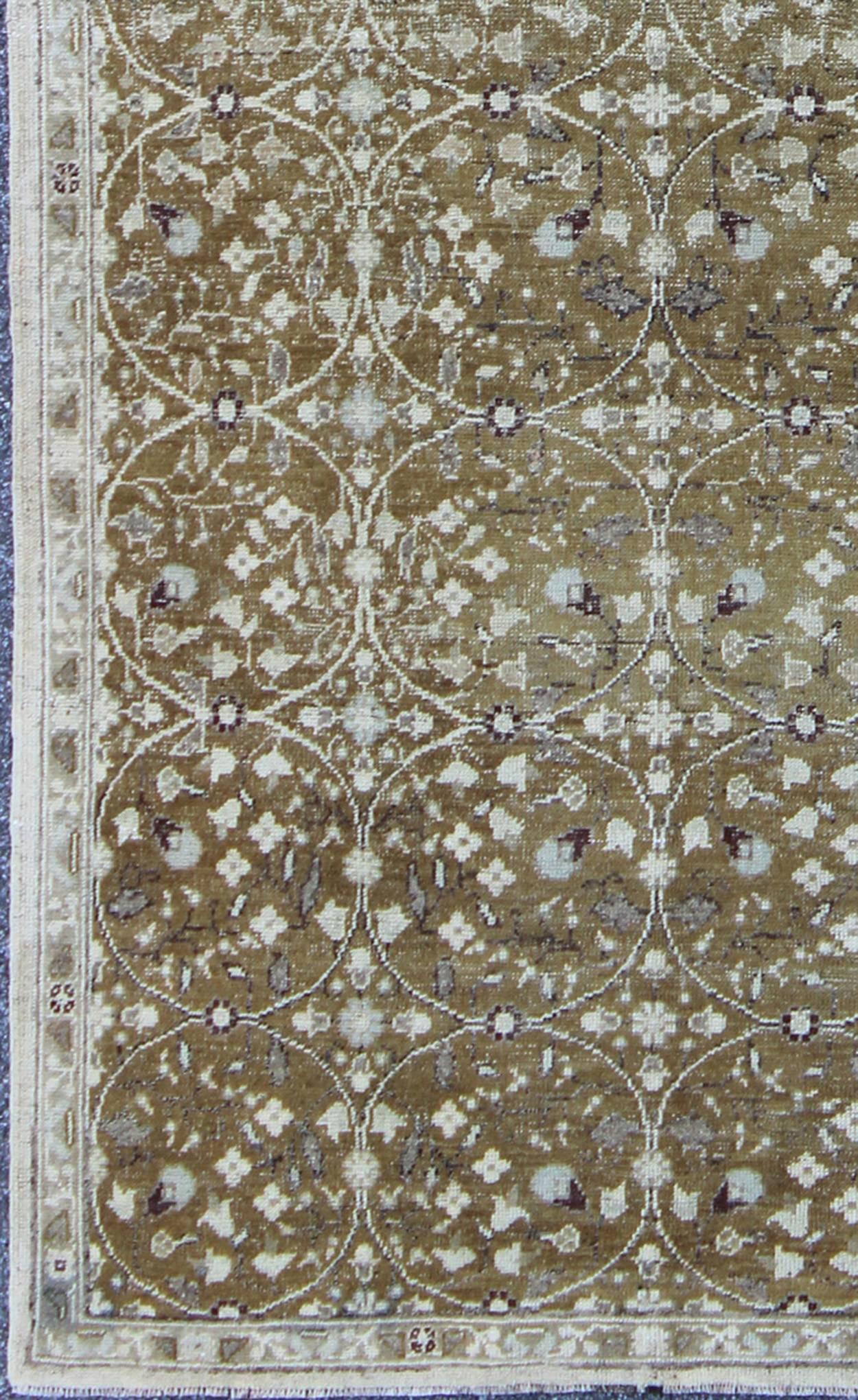 Antique All-Over Design Oushak Rug with Flowers in Ivory and Olive Green, rug EN-141498 country of origin / type: Turkey / Oushak, circa second quarter of 20th Century.                      

Produced in 1930's Turkey, this antique Oushak is