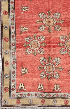 Vintage Turkish Oushak Gallery Runner in Warm Red, Beige, and Soft Blue Tones