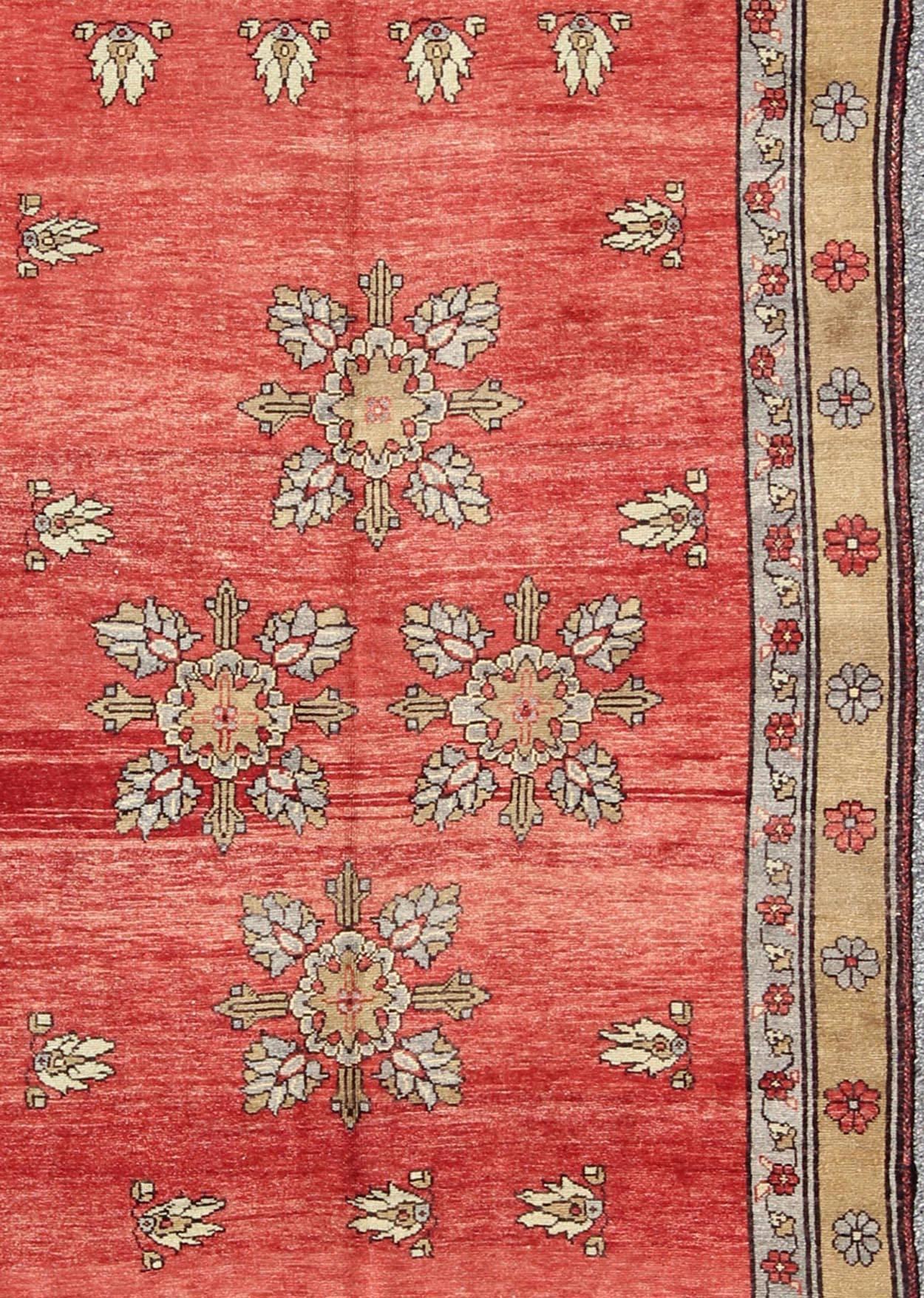Vintage Turkish Oushak Carpet with Flowers in the Central Field and Borders In Excellent Condition For Sale In Atlanta, GA