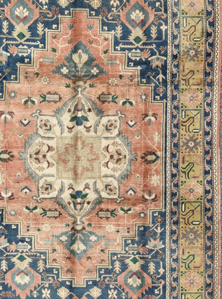 Vintage Turkish Oushak Rug with Geometric Motif in Yellow, Salmon and