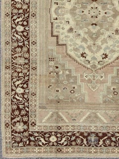Charming Vintage Oushak Rug in Brown Border, Taupe, Blush and Gray/Green