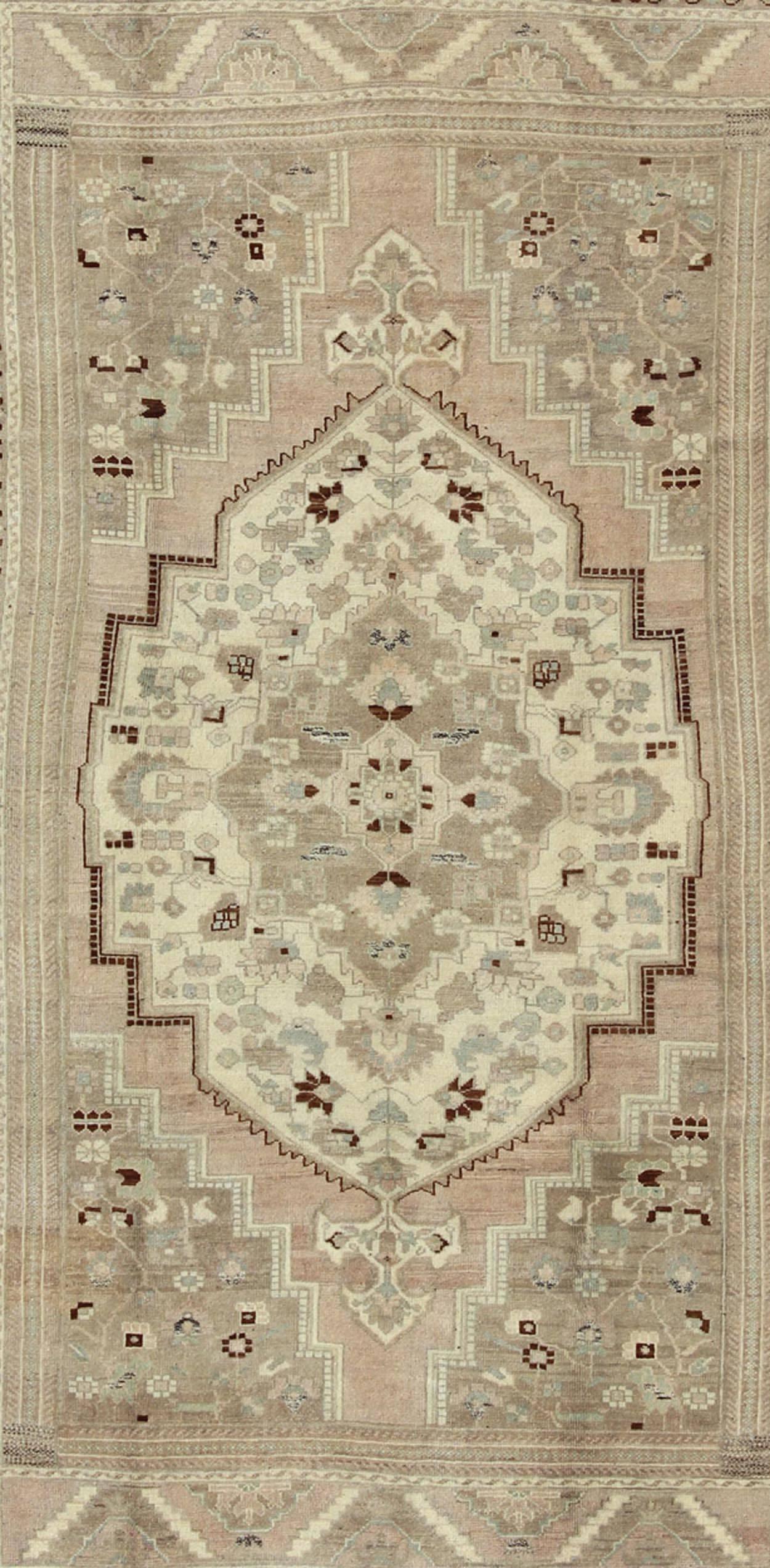 Turkish Charming Vintage Oushak Rug in Brown Border, Taupe, Blush and Gray/Green For Sale