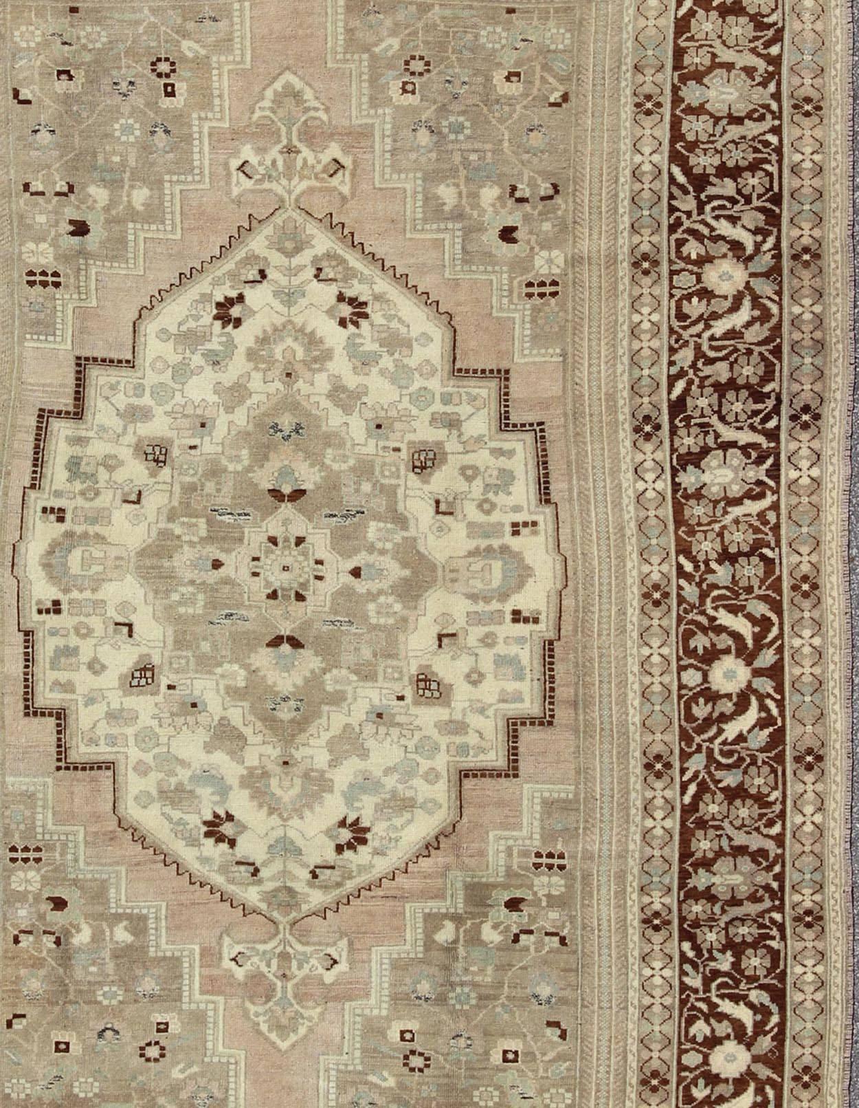 Charming Vintage Oushak Rug in Brown Border, Taupe, Blush and Gray/Green In Excellent Condition For Sale In Atlanta, GA