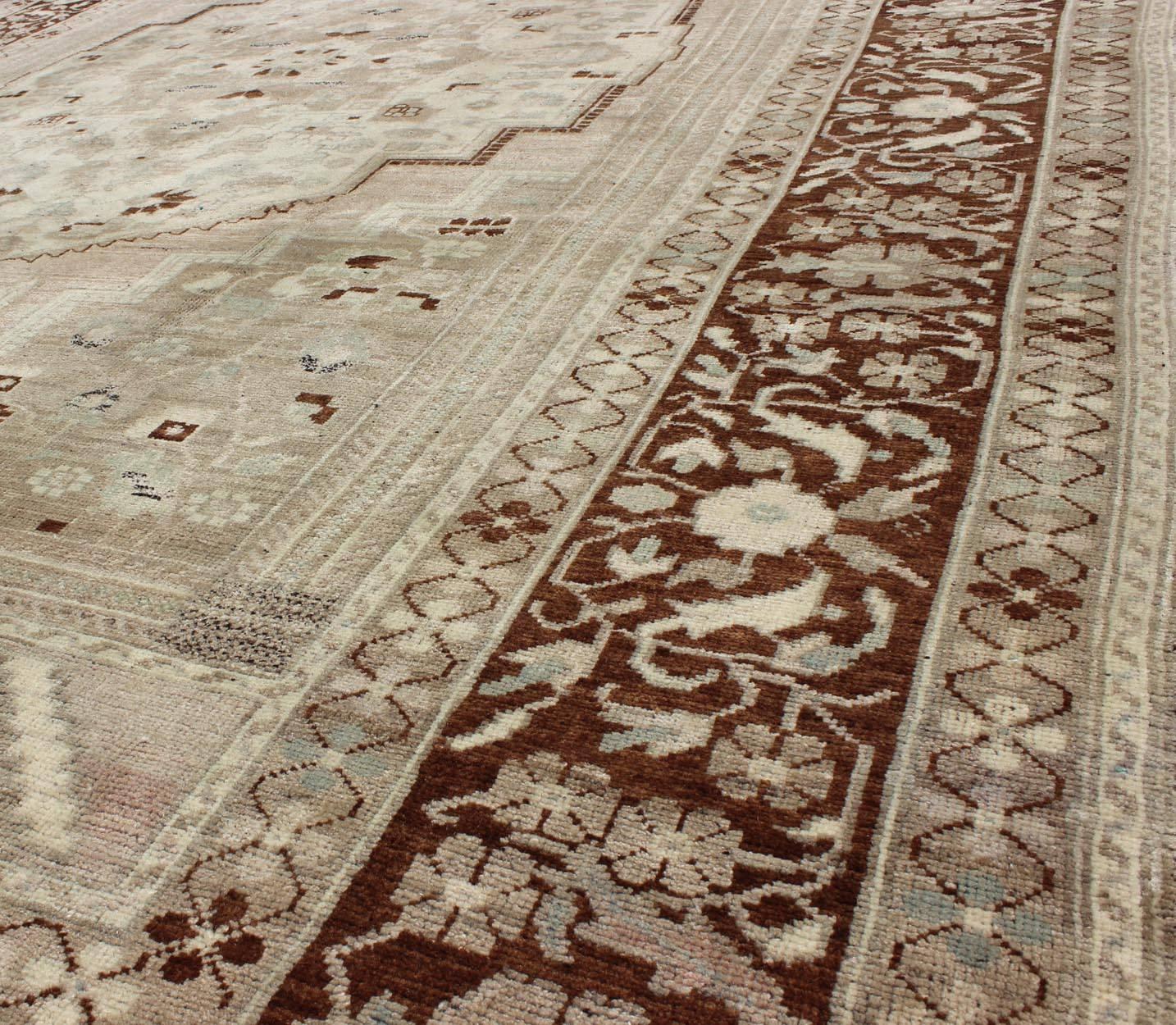 Mid-20th Century Charming Vintage Oushak Rug in Brown Border, Taupe, Blush and Gray/Green For Sale