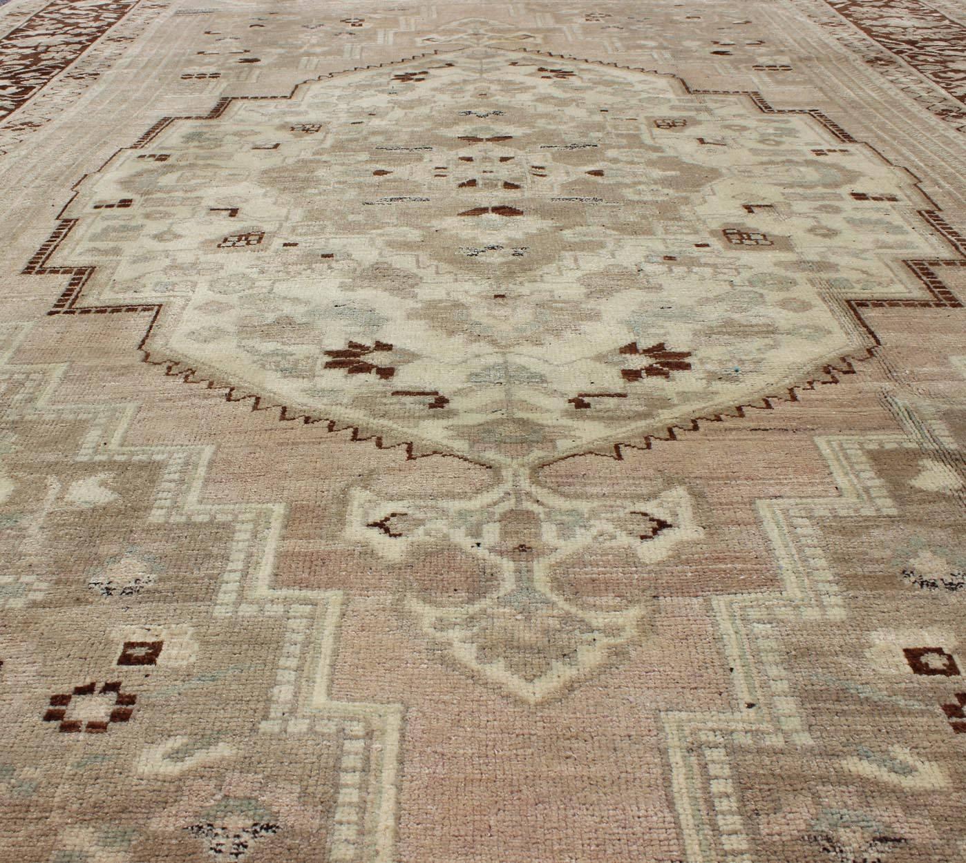 Wool Charming Vintage Oushak Rug in Brown Border, Taupe, Blush and Gray/Green For Sale