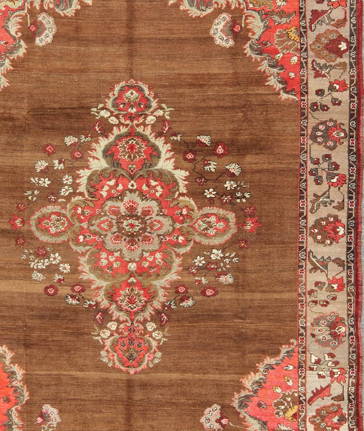 Hand-Knotted Vintage Turkish Rug with Unique Colors in Brown, Taupe, Green and Gray For Sale