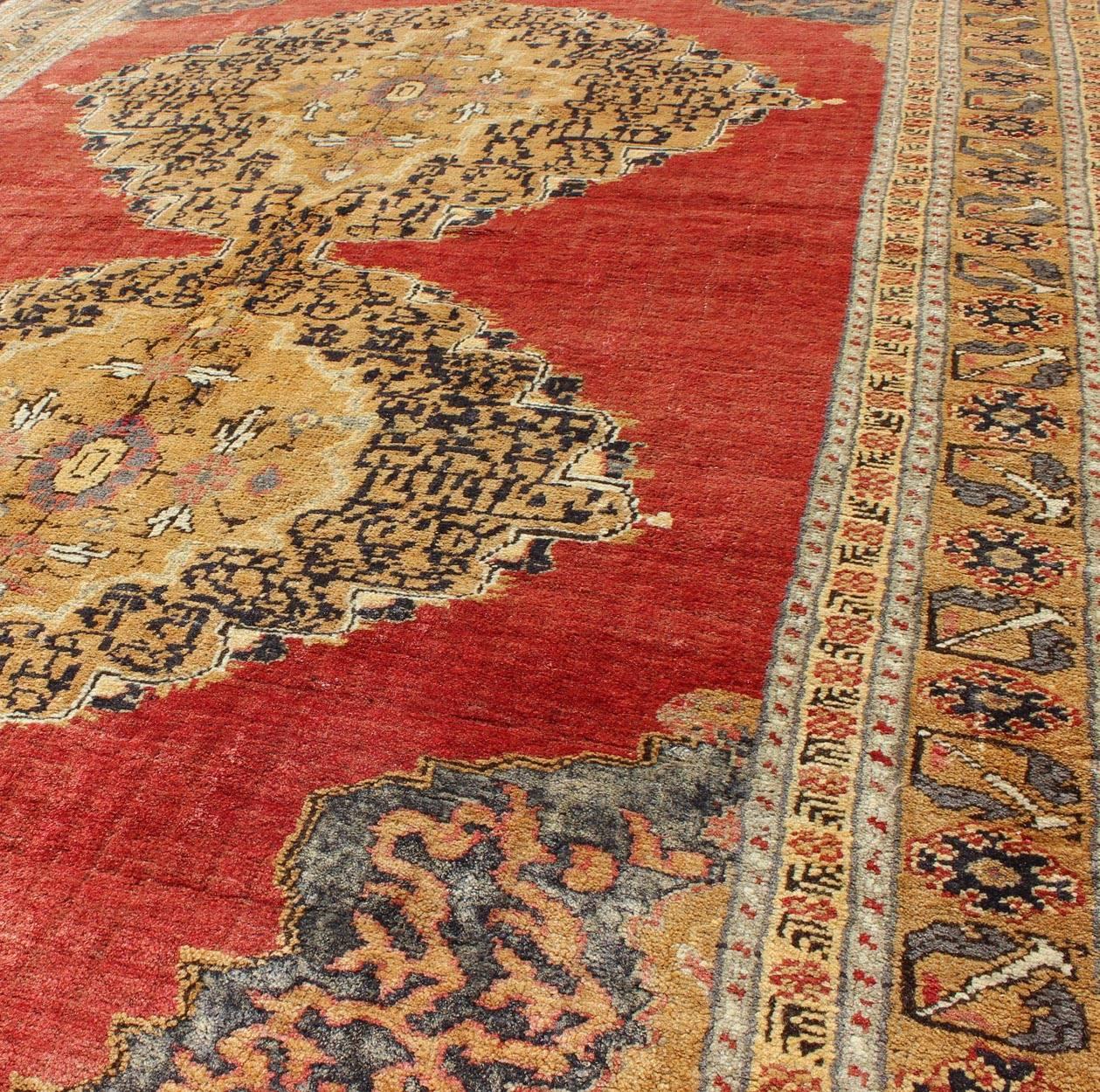 Hand-Knotted Antique Ottoman Design Turkish Rug with Double Medallion in Red, Gold, Navy Blue