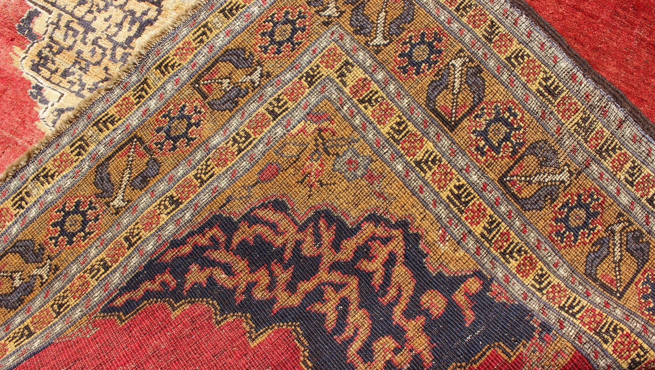 20th Century Antique Ottoman Design Turkish Rug with Double Medallion in Red, Gold, Navy Blue