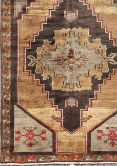 Vintage Turkish Gallery Runner in Gold, Brown, Taupe and Red Accents