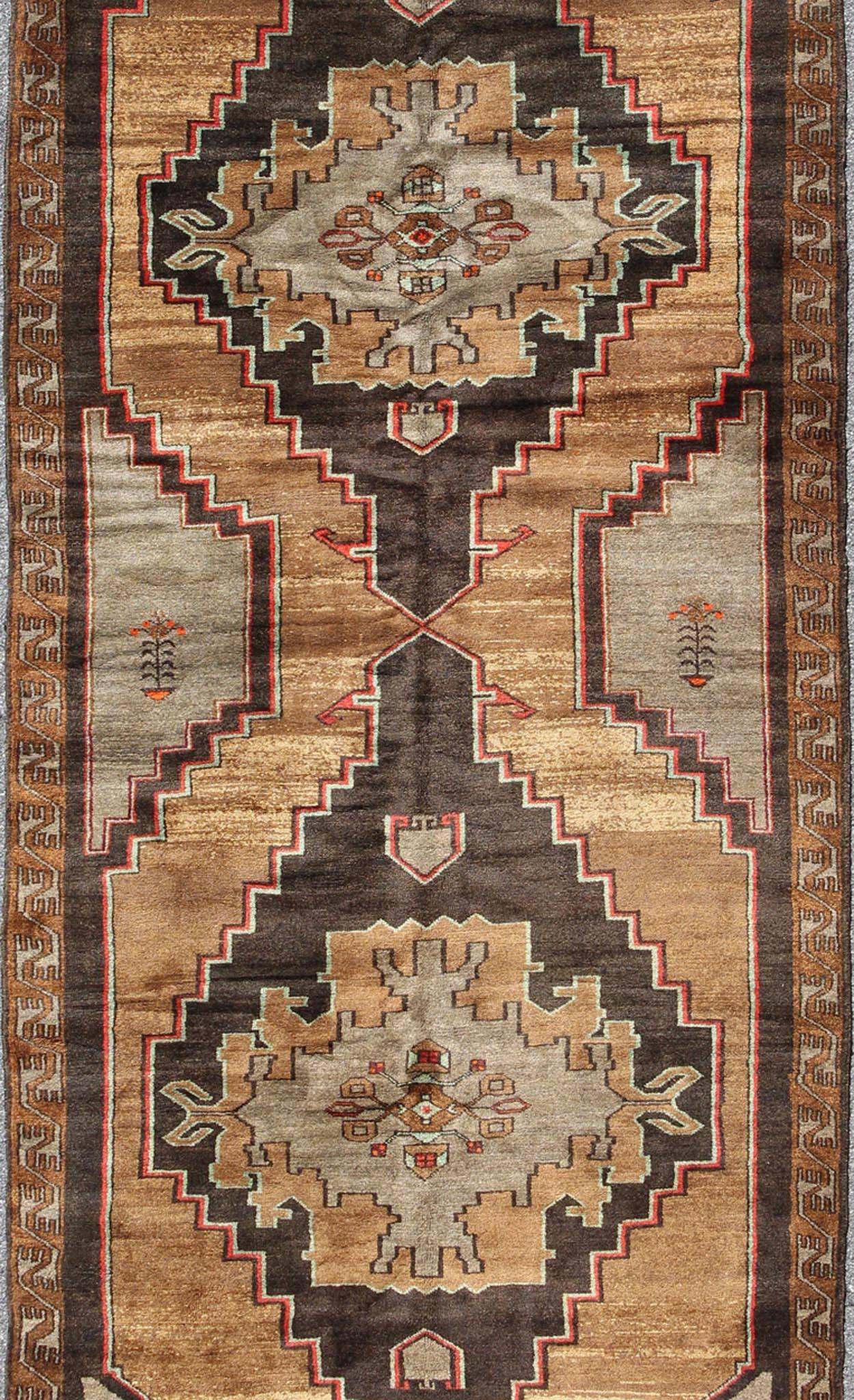 Oushak Vintage Turkish Gallery Runner in Gold, Brown, Taupe and Red Accents For Sale