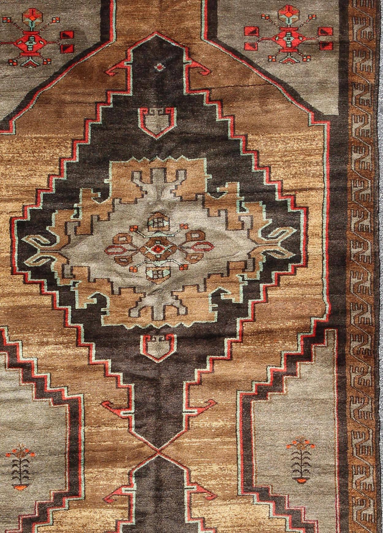 Vintage Turkish Gallery Runner in Gold, Brown, Taupe and Red Accents In Excellent Condition For Sale In Atlanta, GA