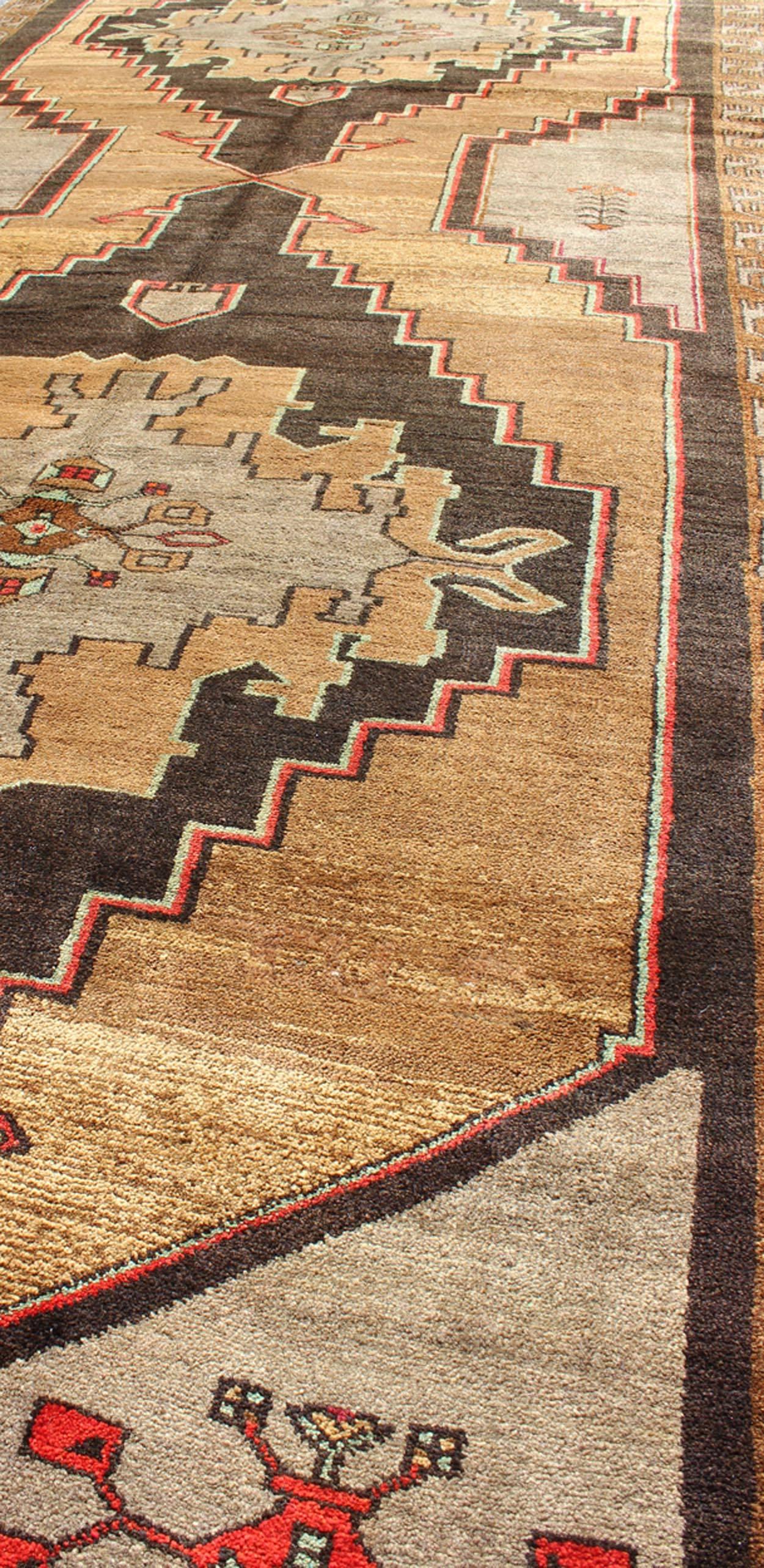 Mid-20th Century Vintage Turkish Gallery Runner in Gold, Brown, Taupe and Red Accents For Sale