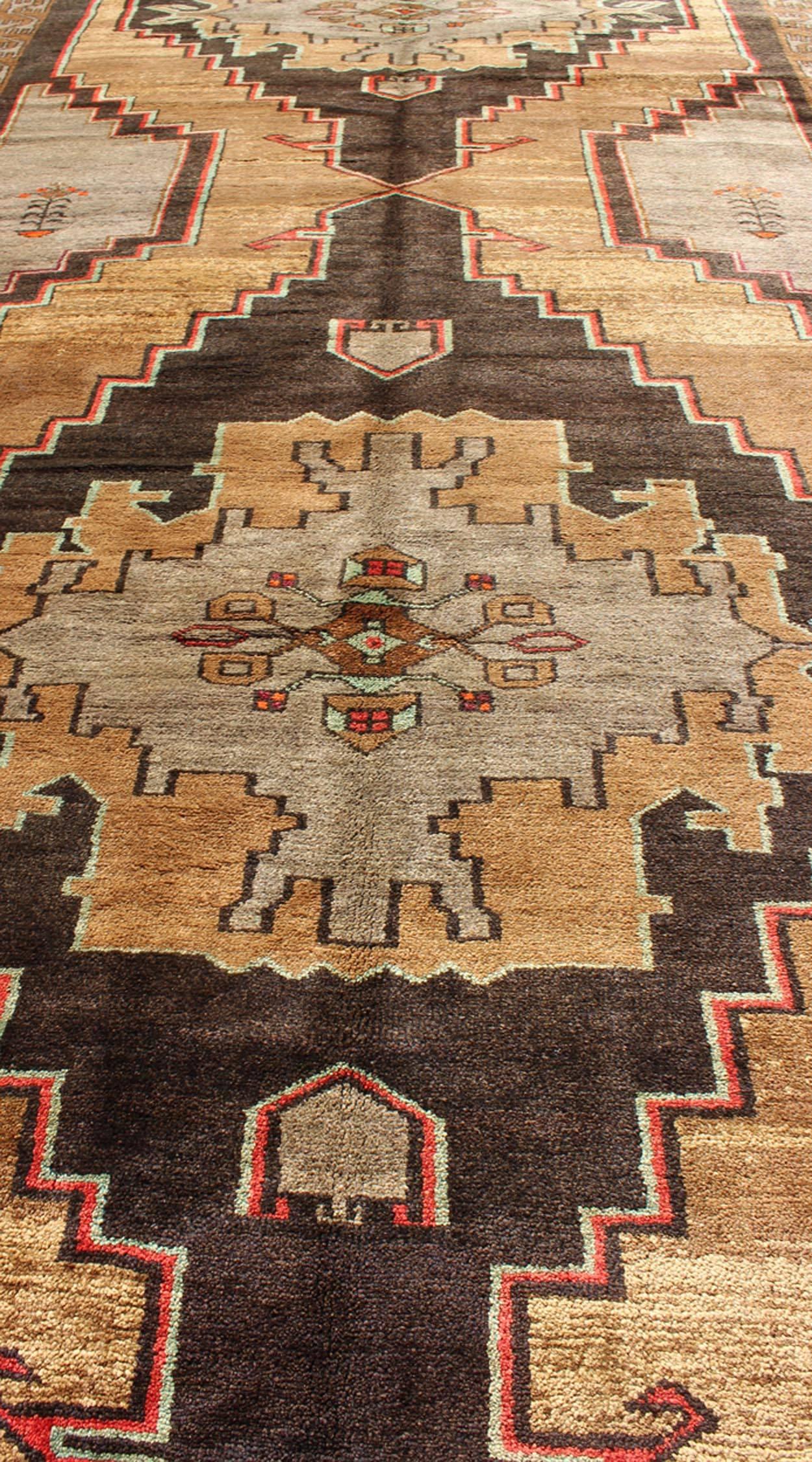 Wool Vintage Turkish Gallery Runner in Gold, Brown, Taupe and Red Accents For Sale