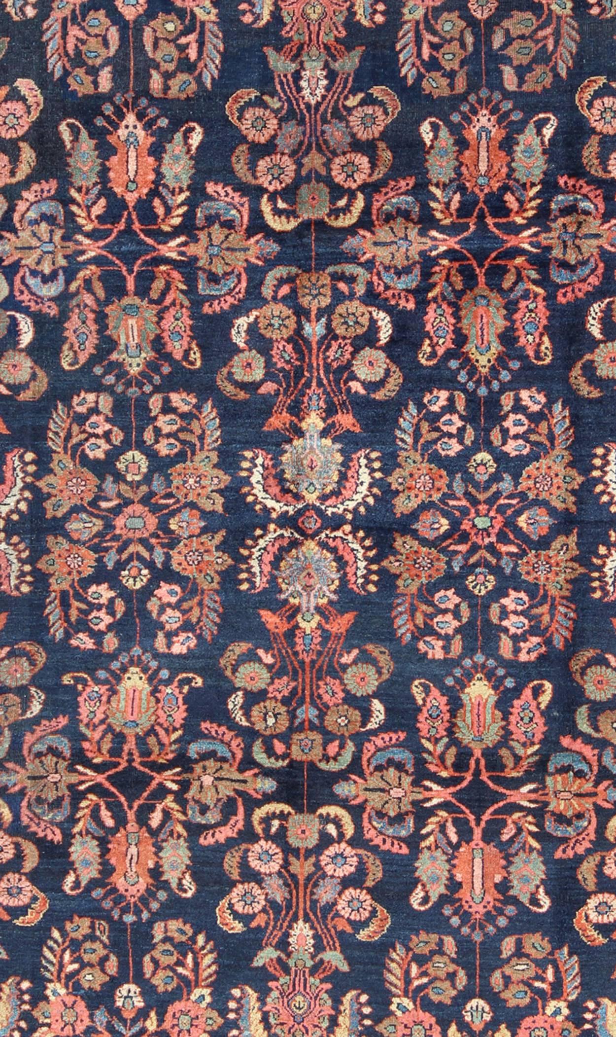 Sultanabad  Antique Mahal Rug with Dark Blue Field & Coral Red Border with Floral Motifs For Sale