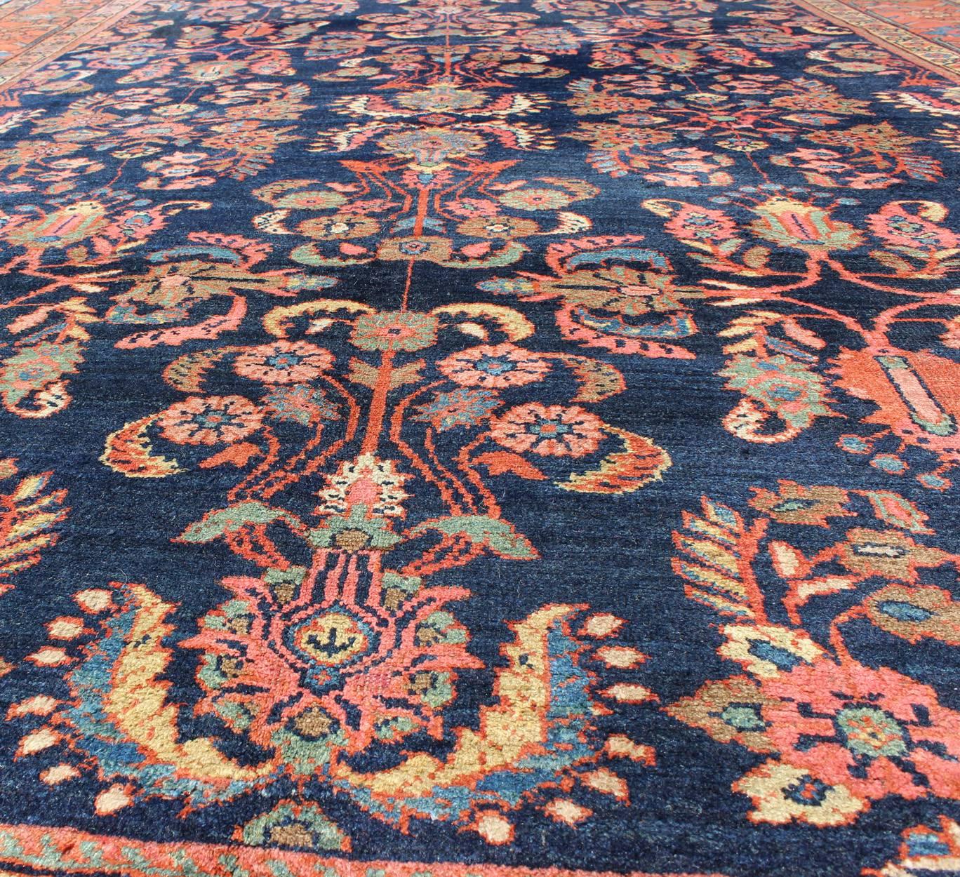  Antique Mahal Rug with Dark Blue Field & Coral Red Border with Floral Motifs In Excellent Condition For Sale In Atlanta, GA