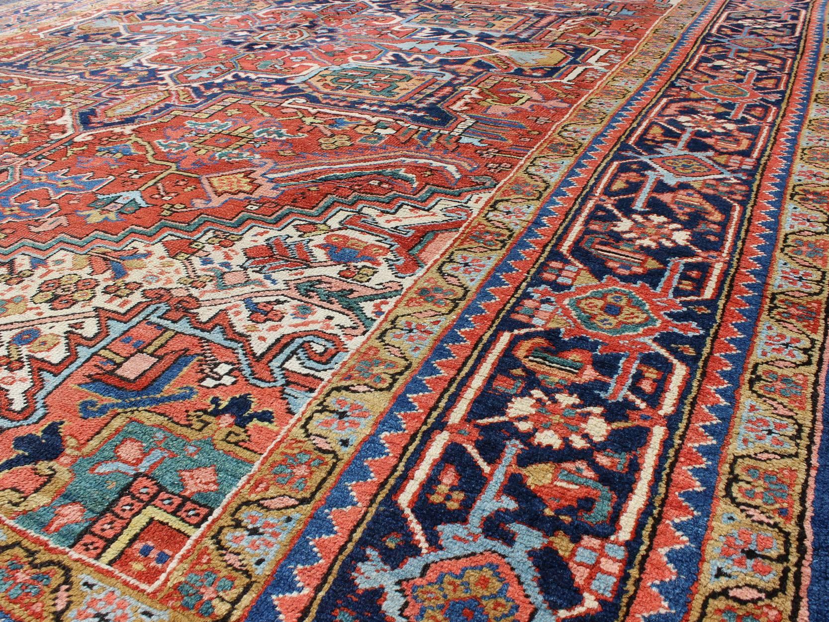 Antique Colorful Persian Heriz Rug with Geometric Patterns and Intricate Design In Excellent Condition For Sale In Atlanta, GA