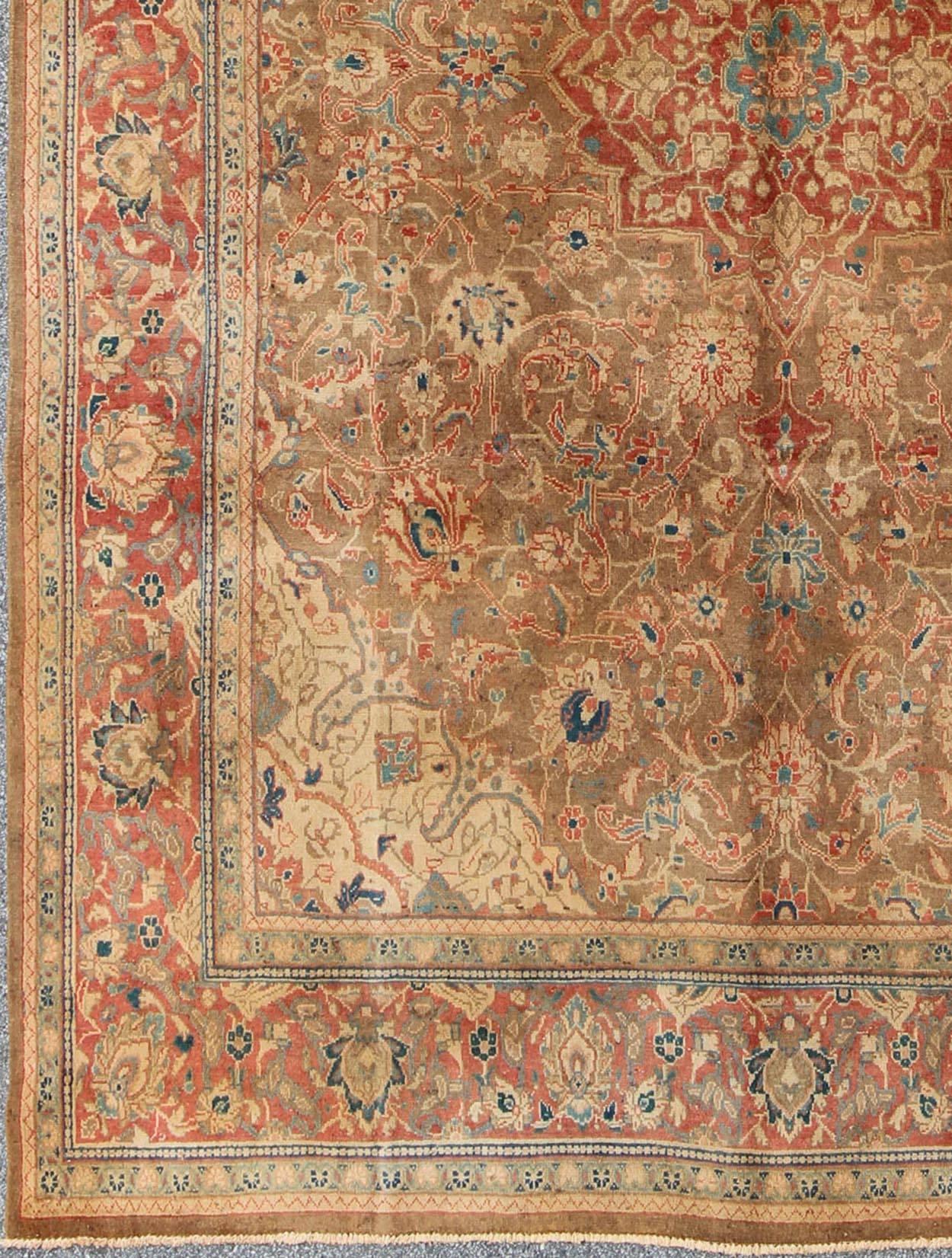 Antique Mahal Rug with Floral Pattern in Camel, Coral, Turquoise , Rust Red 
Antique Persian Mahal Rug with Floral Pattern, Rug 904-17, Country of Origin/Iran, Type/Persian Mahal. 
This antique Mahal relies heavily on exquisite details of  flowers