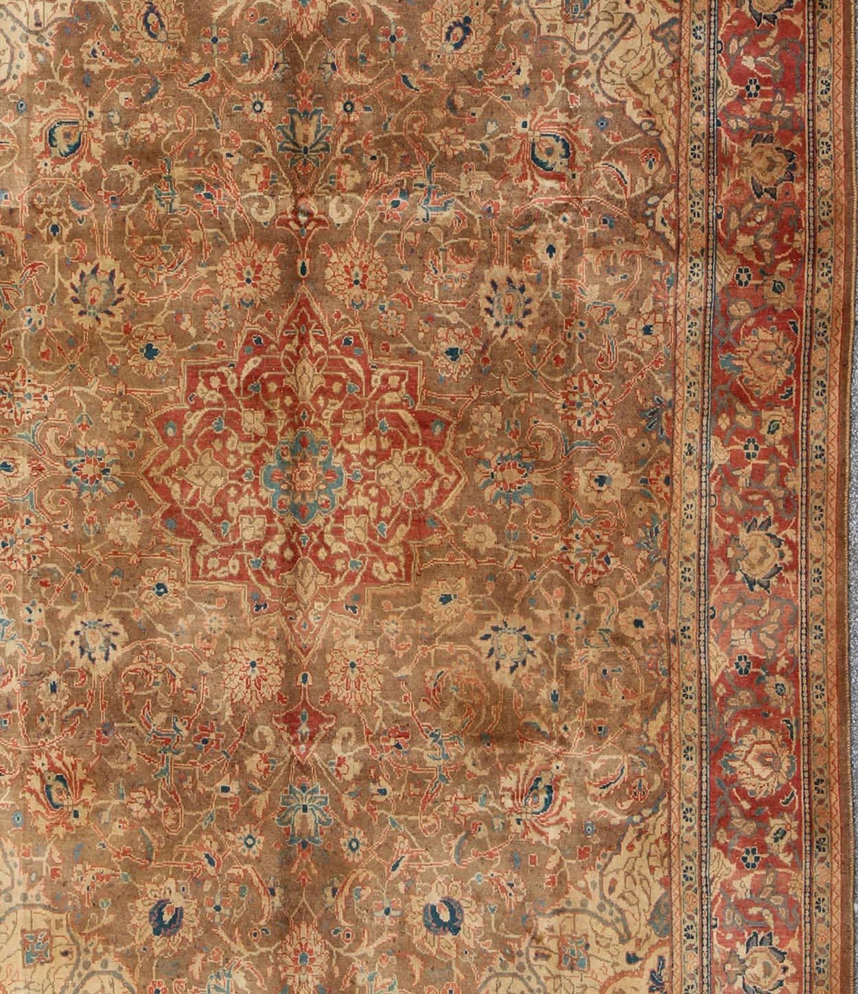 Tabriz Antique Mahal Rug with Floral Pattern in Camel, Coral, Turquoise , Rust Red  For Sale