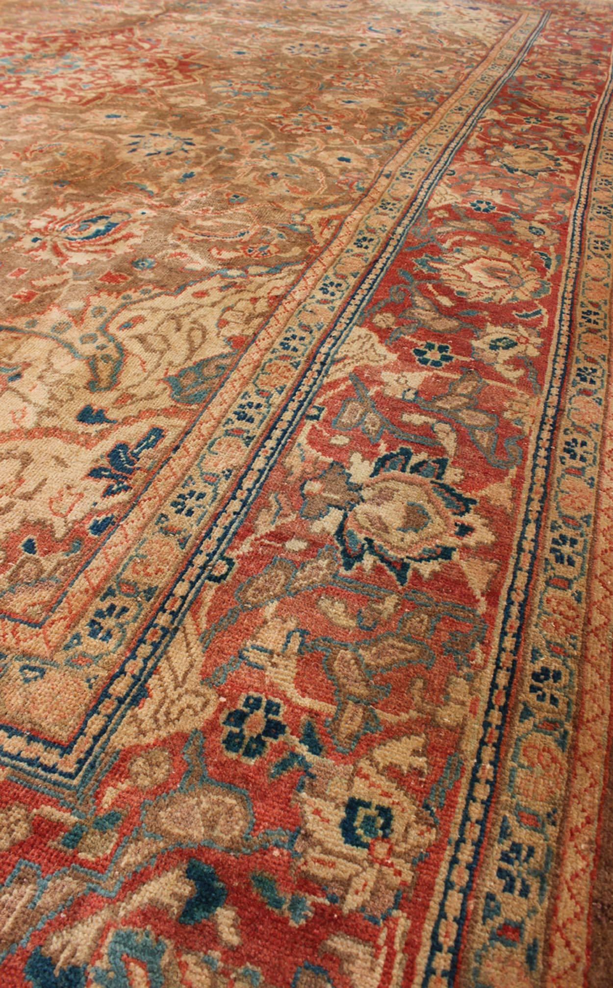 Persian Antique Mahal Rug with Floral Pattern in Camel, Coral, Turquoise , Rust Red  For Sale