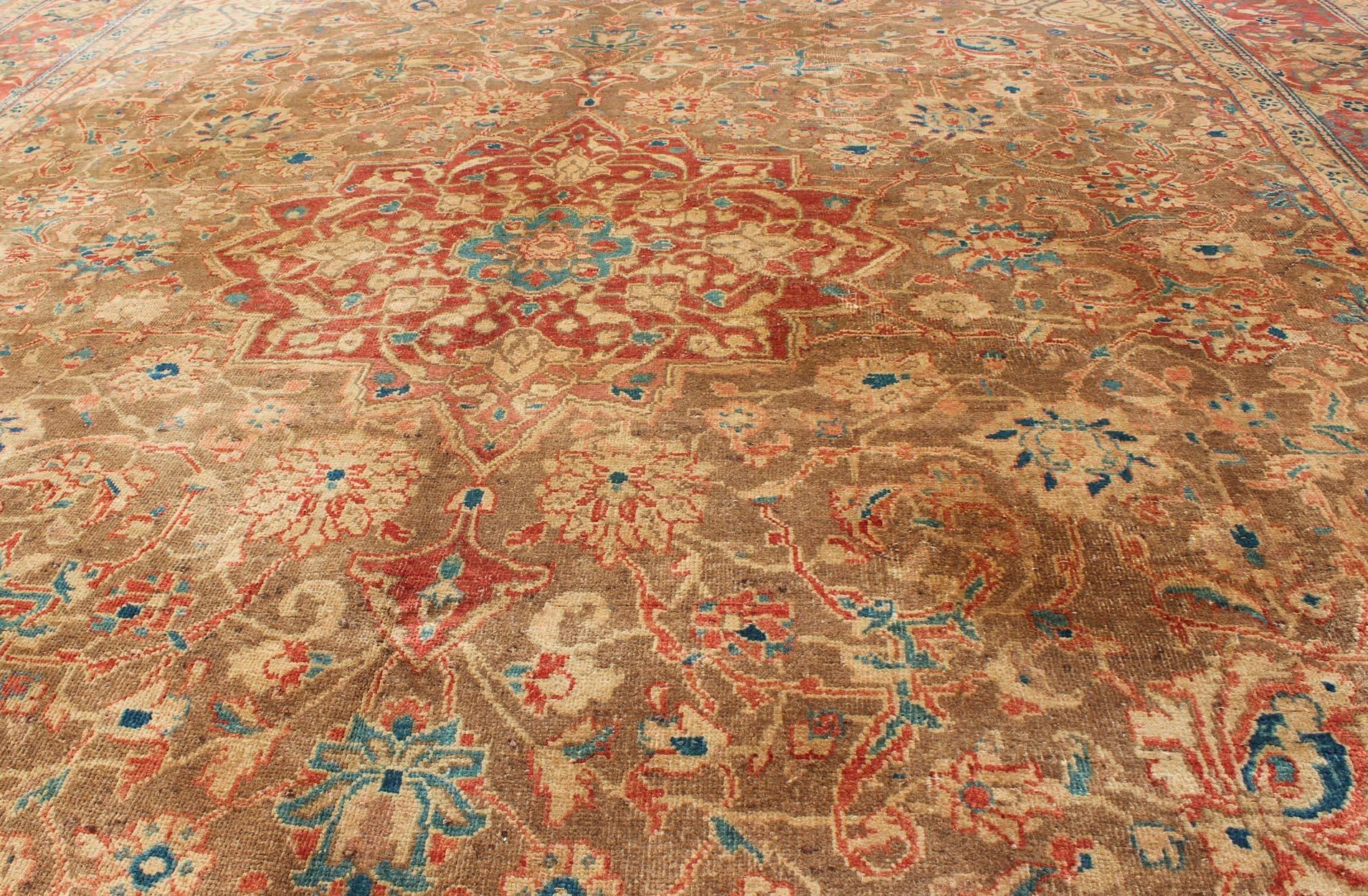 Hand-Knotted Antique Mahal Rug with Floral Pattern in Camel, Coral, Turquoise , Rust Red  For Sale