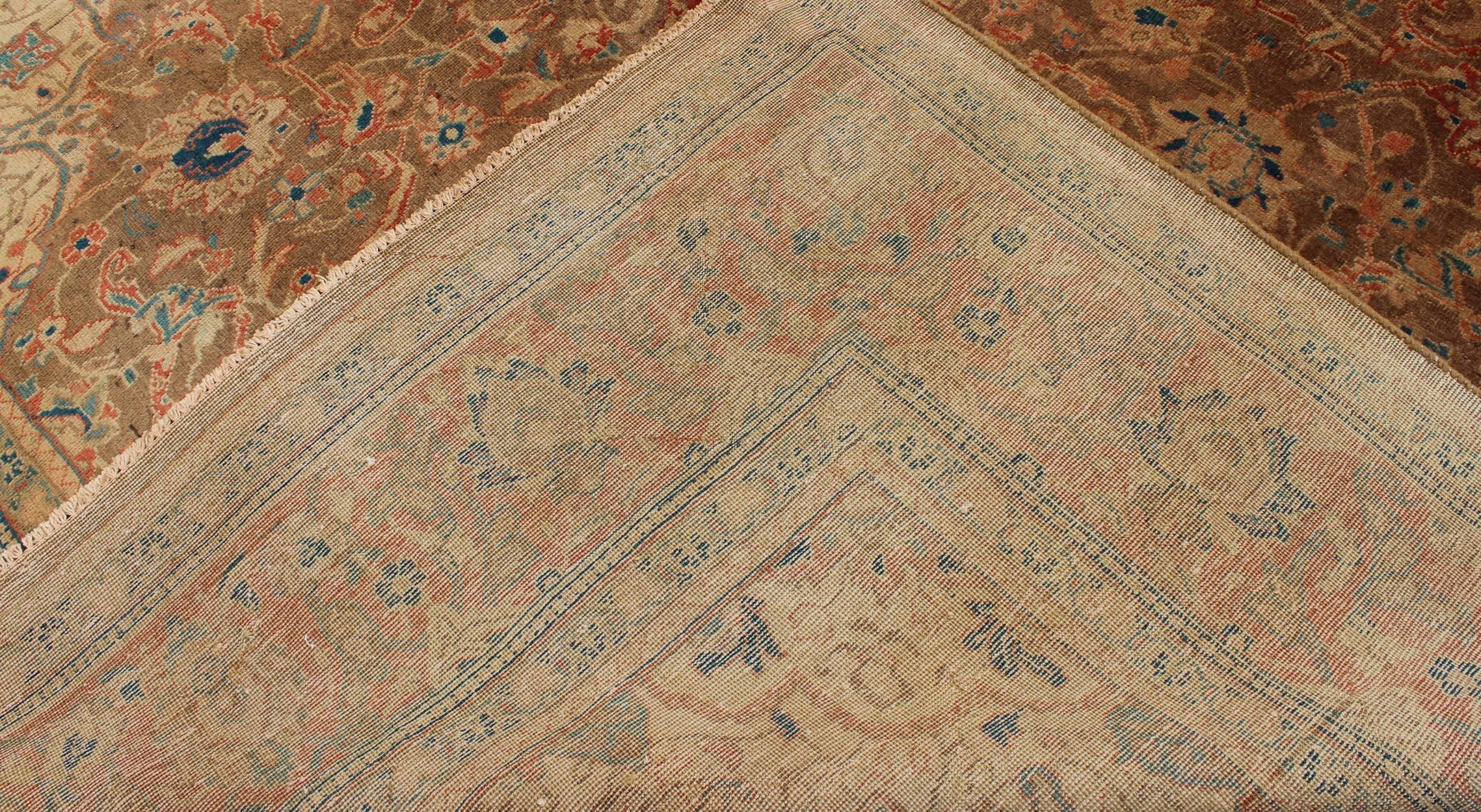 Antique Mahal Rug with Floral Pattern in Camel, Coral, Turquoise , Rust Red  In Good Condition For Sale In Atlanta, GA