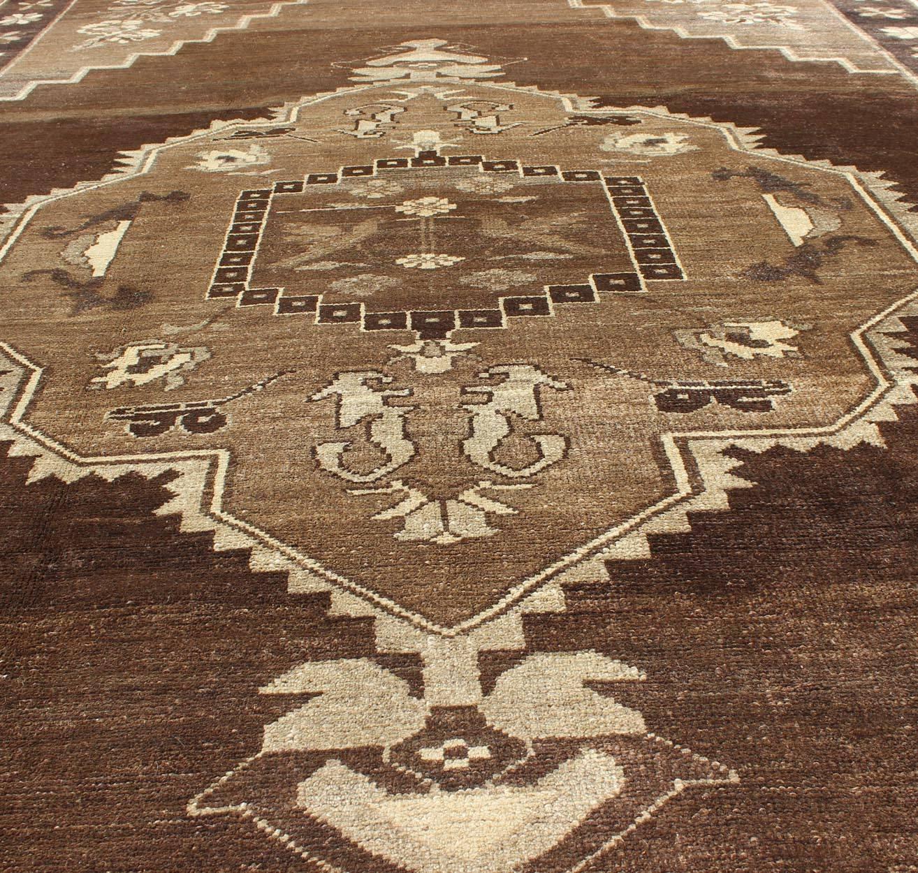 Oushak Vintage Brown Turkish Rug with Geometric Design in Various Brown Colors  For Sale