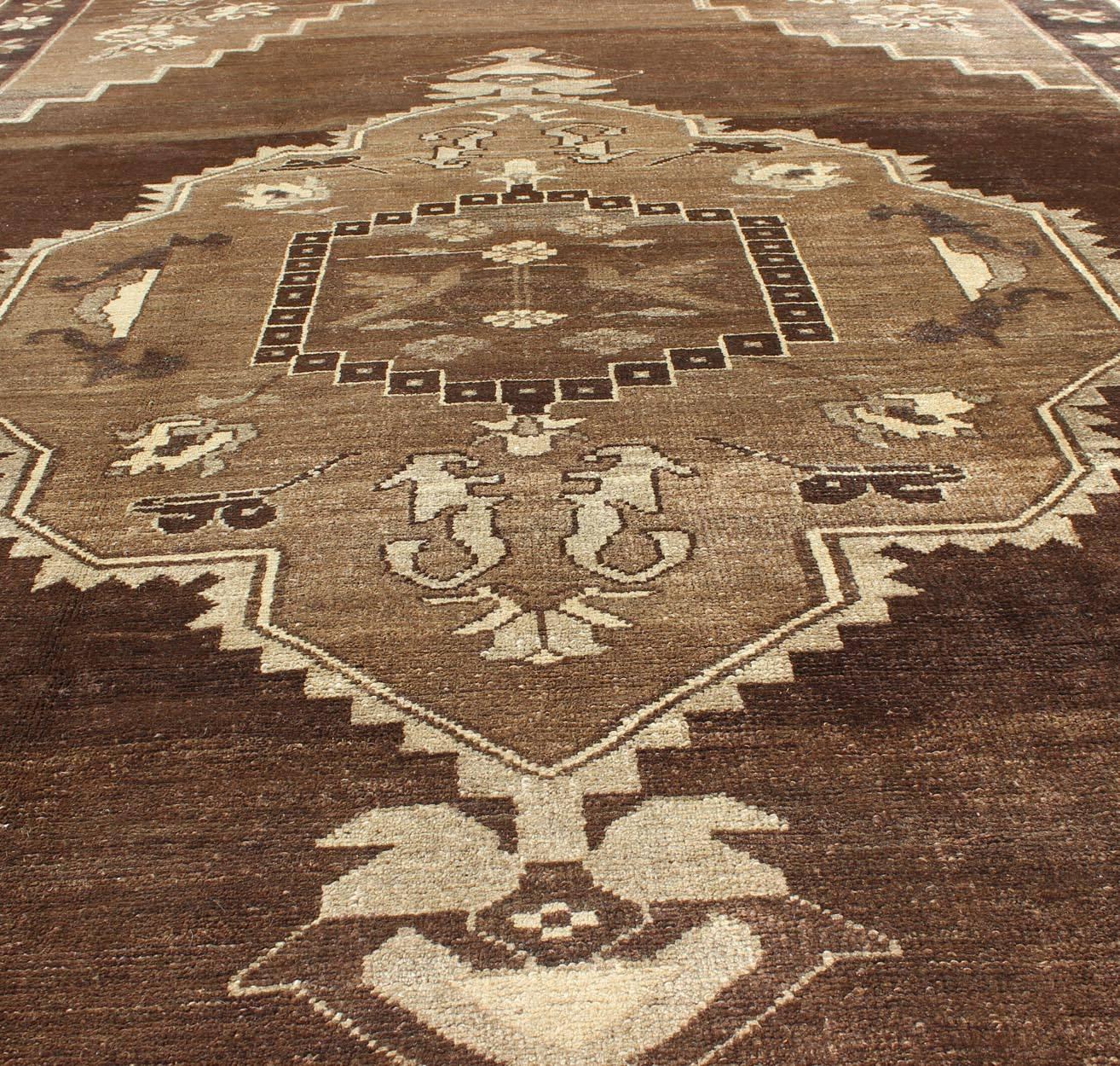 Oushak Vintage Brown Turkish Rug with Geometric Design in Various Brown Colors For Sale