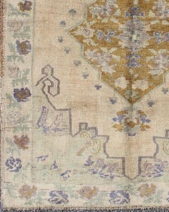 Classic Medallion Oushak Vintage Rug in Taupe, Purple, Cream, Gold and Green