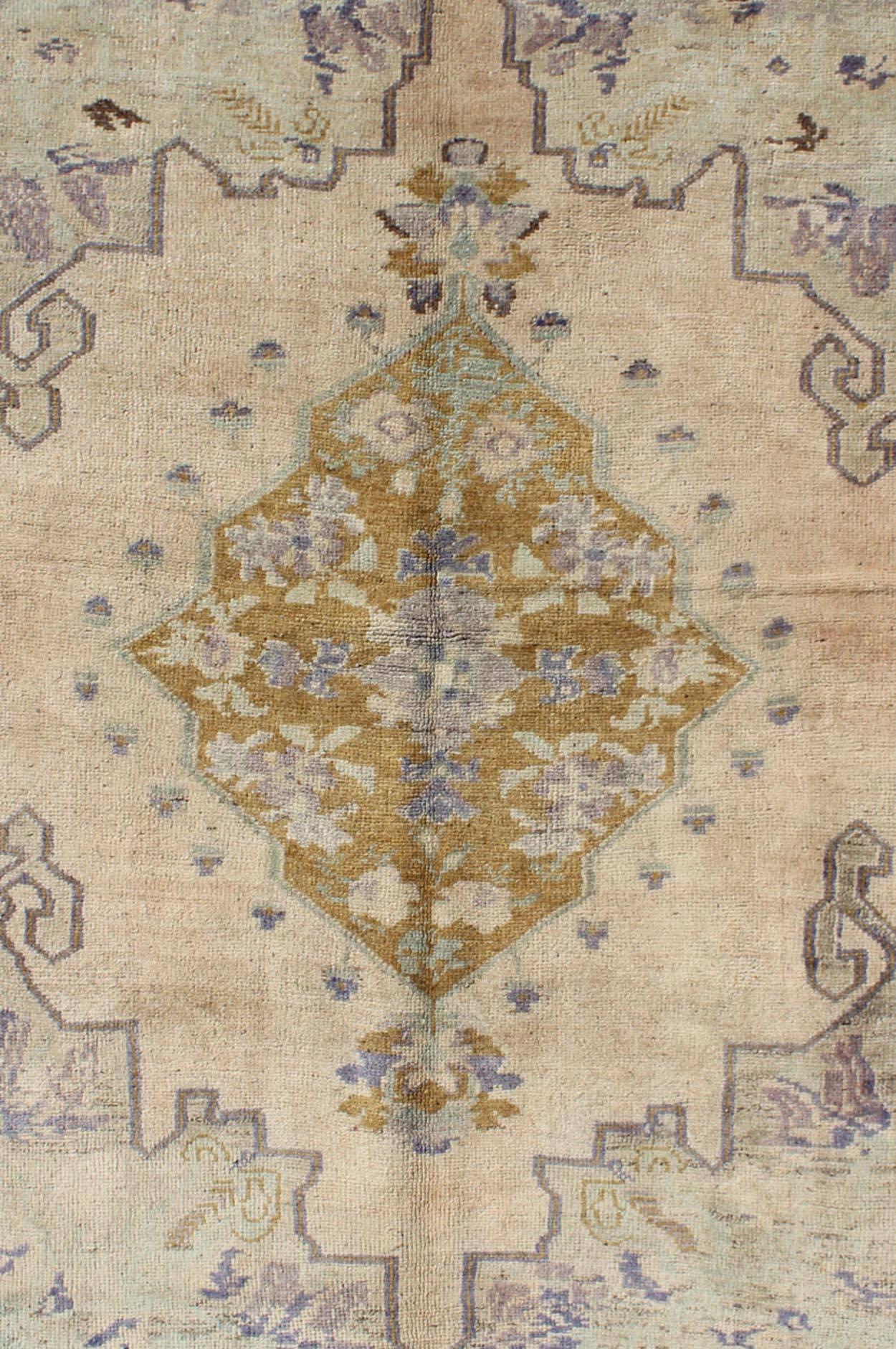 Turkish Classic Medallion Oushak Vintage Rug in Taupe, Purple, Cream, Gold and Green For Sale