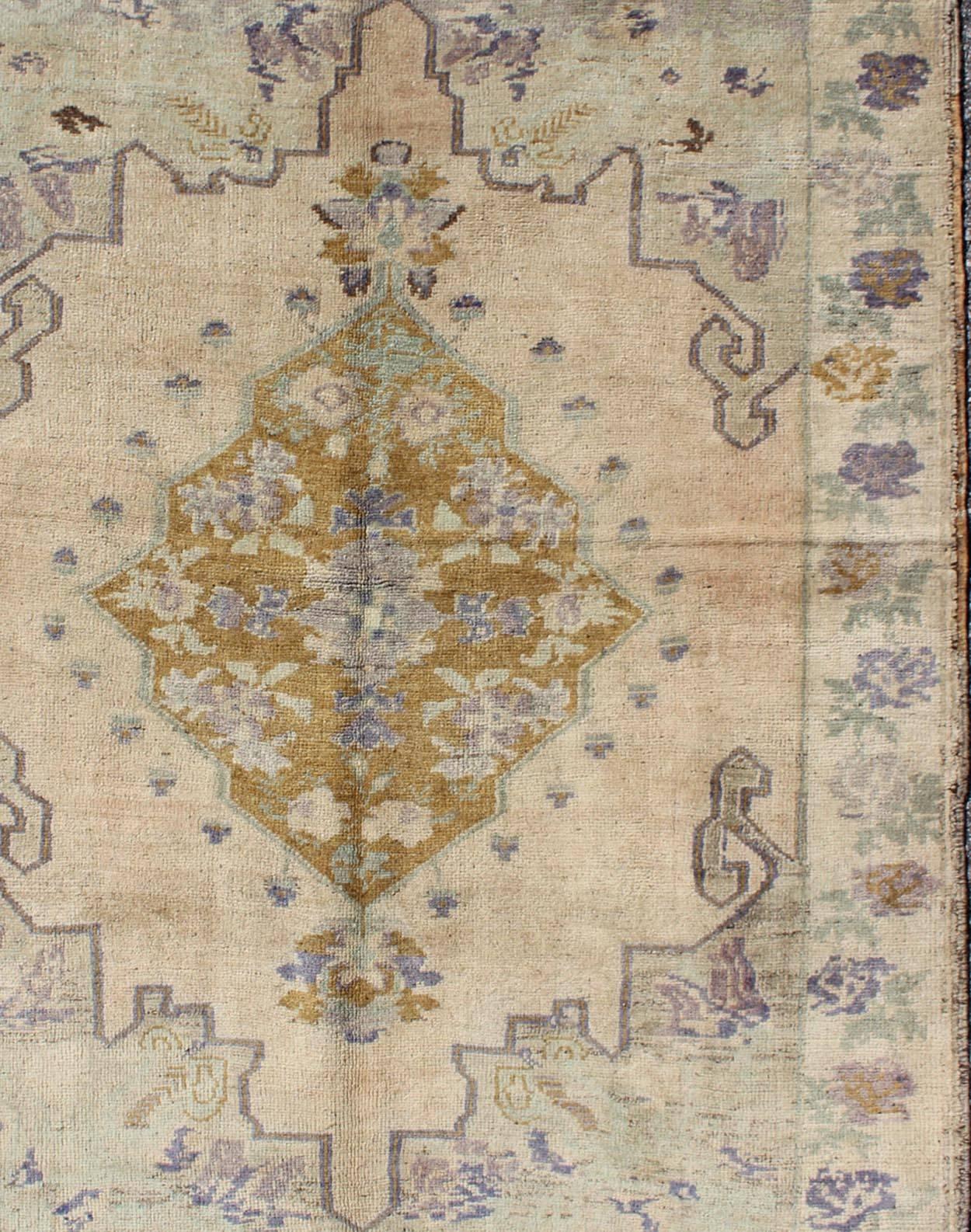 Hand-Knotted Classic Medallion Oushak Vintage Rug in Taupe, Purple, Cream, Gold and Green For Sale
