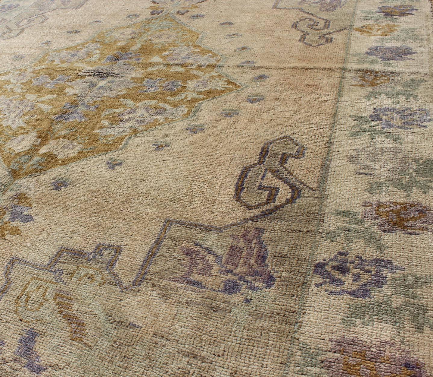 Classic Medallion Oushak Vintage Rug in Taupe, Purple, Cream, Gold and Green In Good Condition For Sale In Atlanta, GA