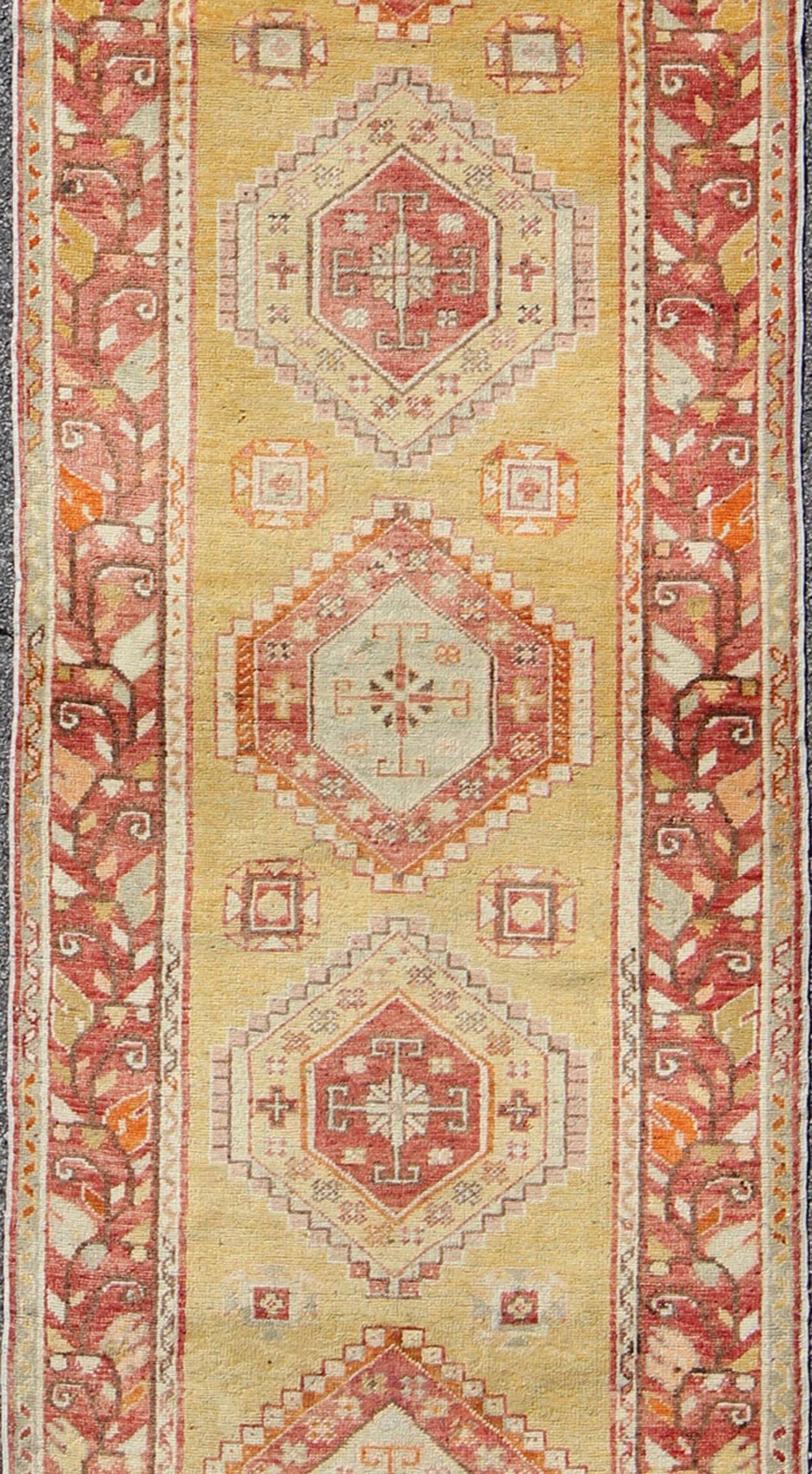 Antique Turkish Oushak Runner with Geometric Medallions in Yellow Background  In Good Condition For Sale In Atlanta, GA