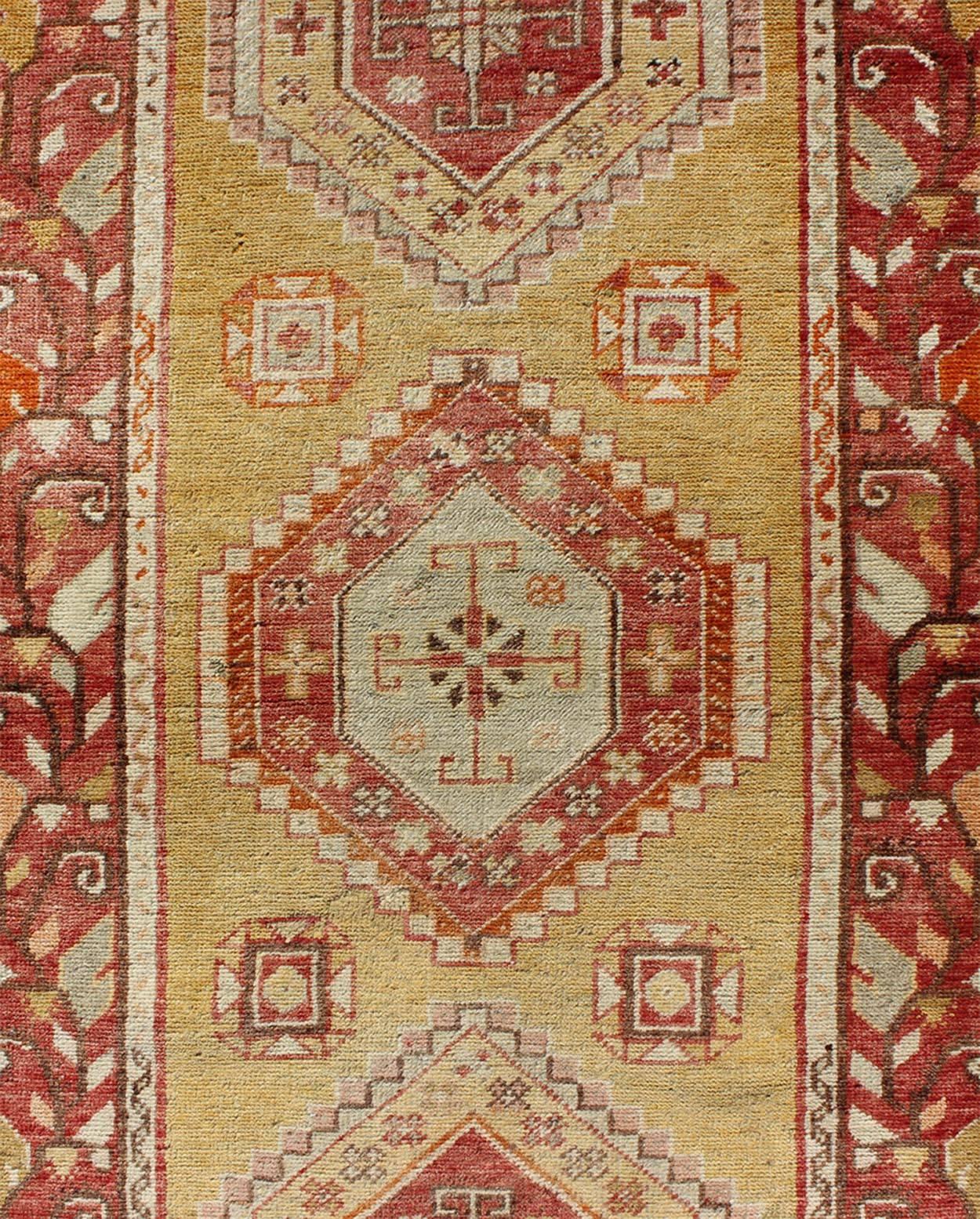 Antique Turkish Oushak Runner with Geometric Medallions in Yellow Background  For Sale 1