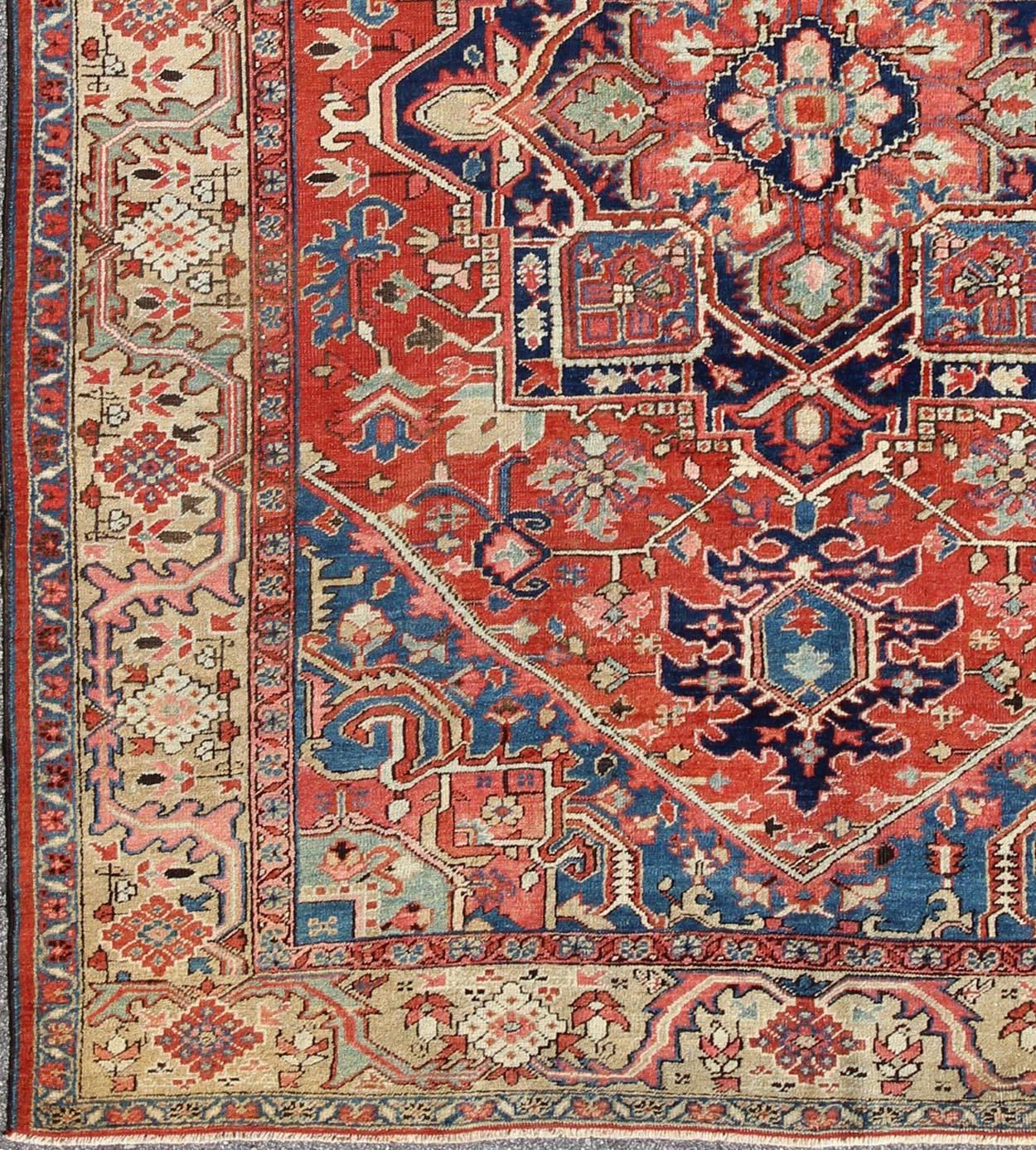 Antique Persian Serapi Rug with Geometric Central Medallion and Colorful Design. Keivan Woven Arts / Rug / 16-0305, country of origin / type: Iran /Heriz, circa 1910
Measures: 10' x 12'.
This magnificent antique Persian Serapi carpet from the early
