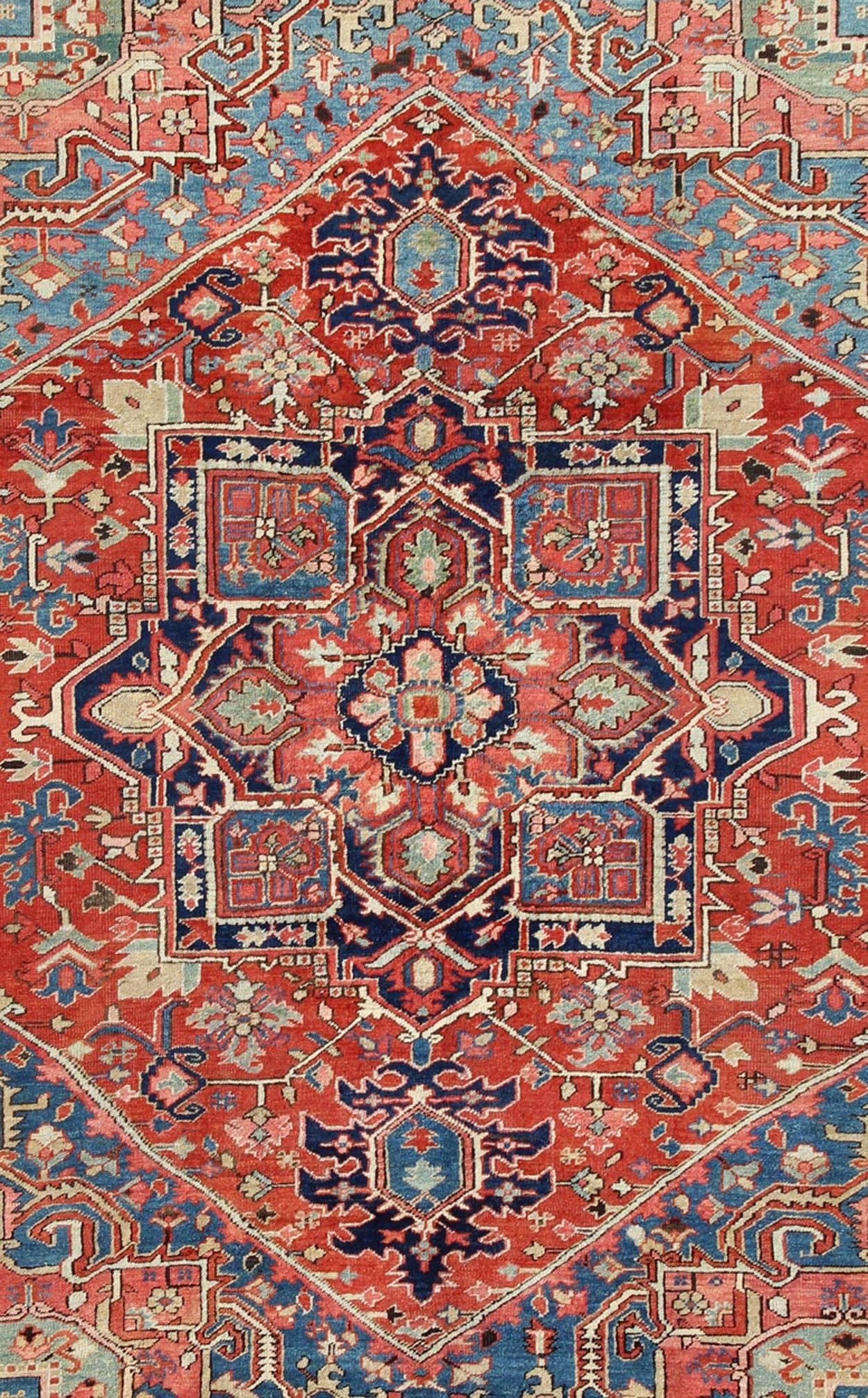 Hand-Knotted Antique Persian Serapi Rug with Geometric Central Medallion and Colorful Design For Sale