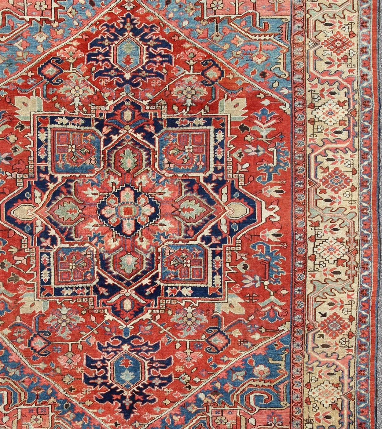 Antique Persian Serapi Rug with Geometric Central Medallion and Colorful Design In Good Condition For Sale In Atlanta, GA