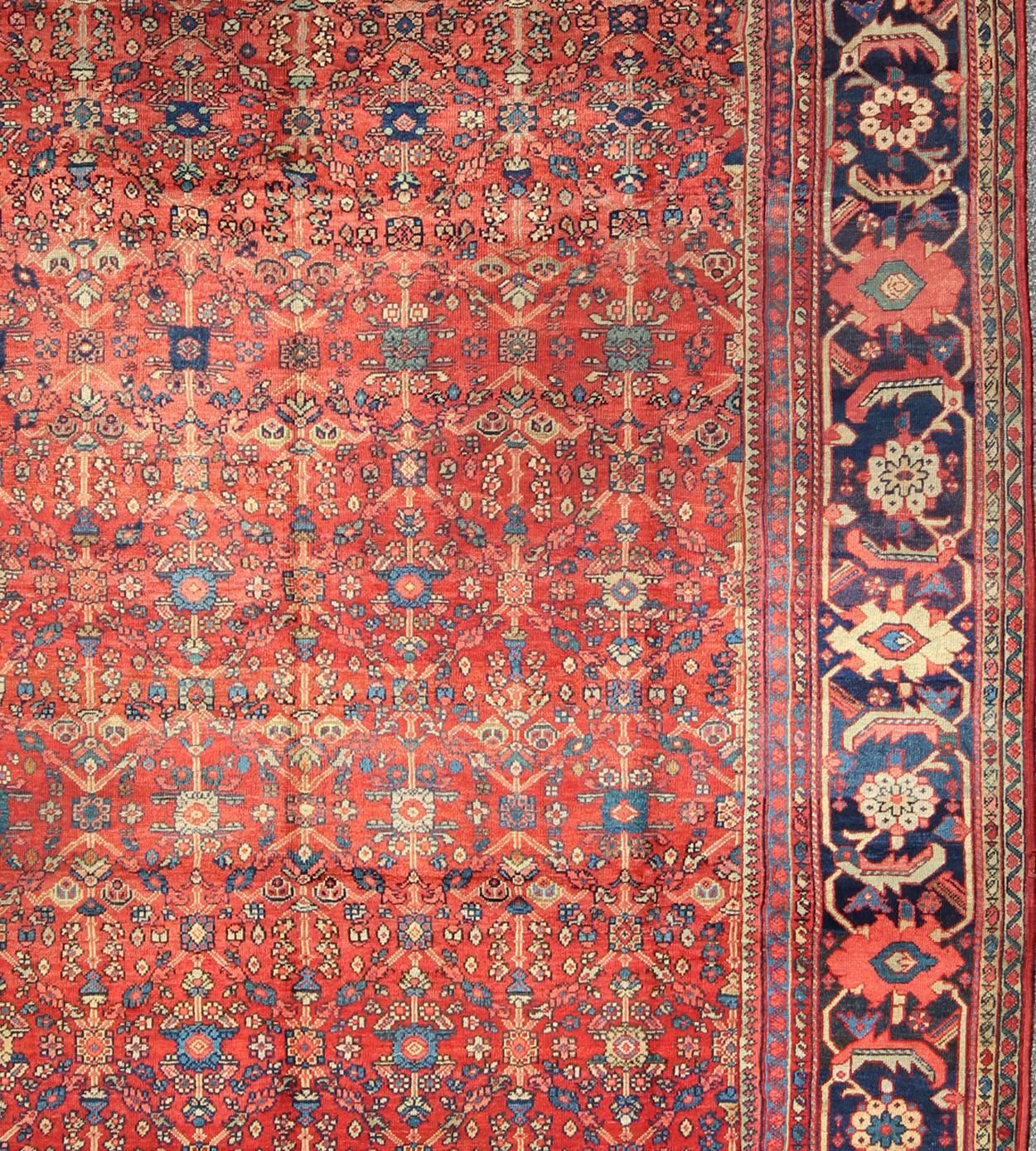 Persian Antique Sultanabad Rug with All Over Geometric Design in Red, Blue, Green For Sale