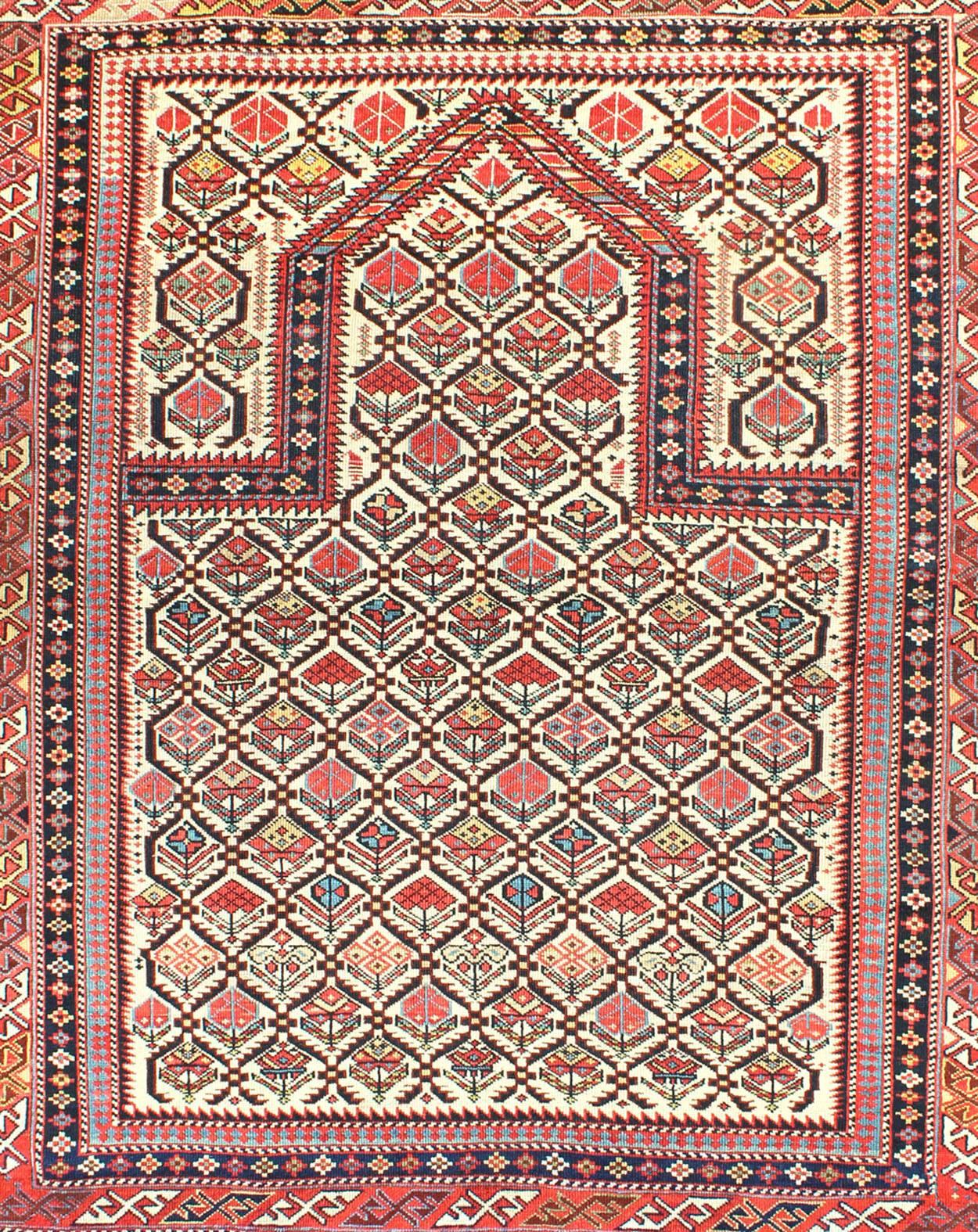 Kazak Antique 19th Century Caucasian Shirvan Rug with Prayer Design in Ivory  For Sale