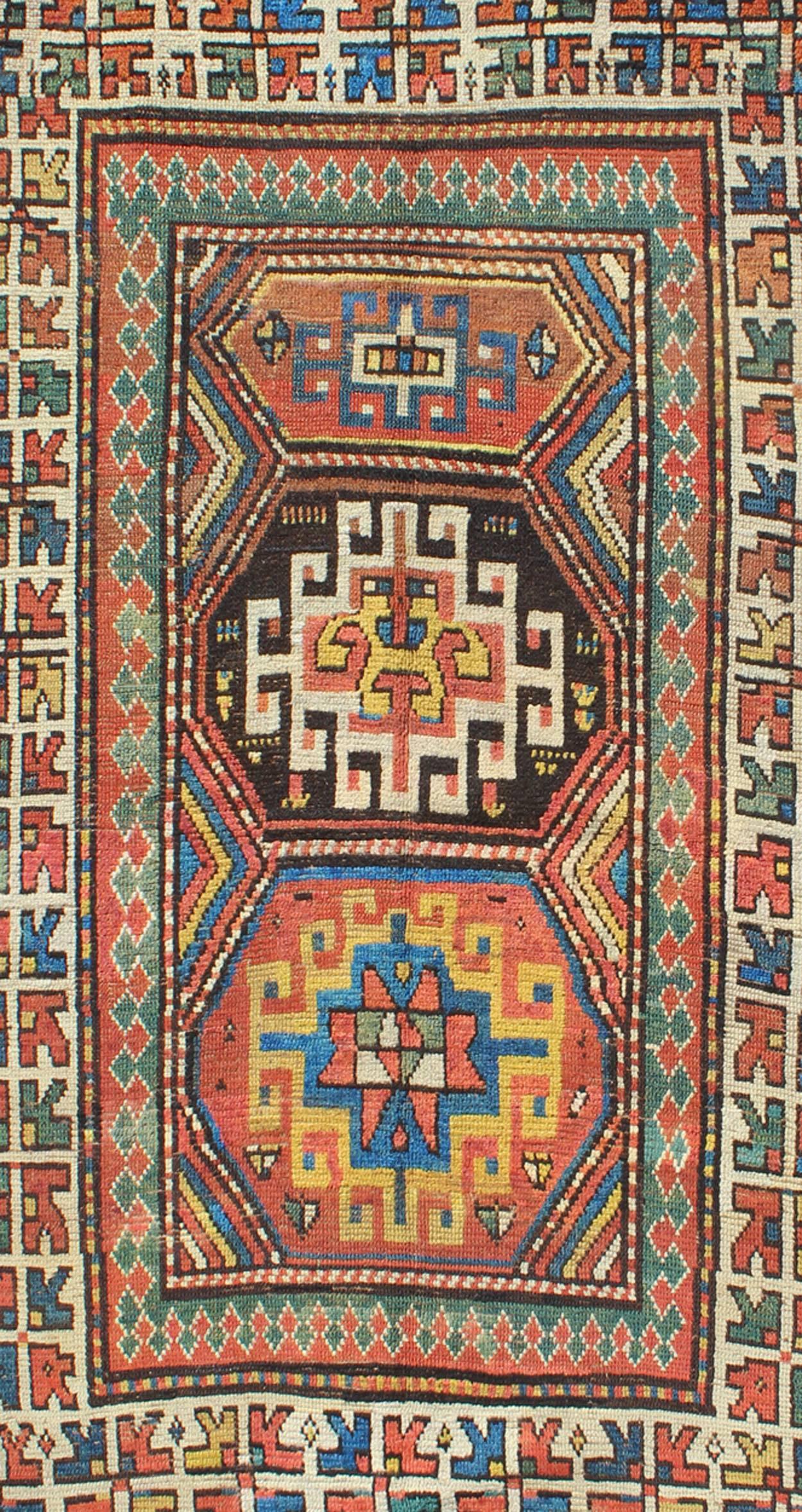 Caucasian Late 19th Century Antique Kazak Carpet with Colorful Geometric Design For Sale