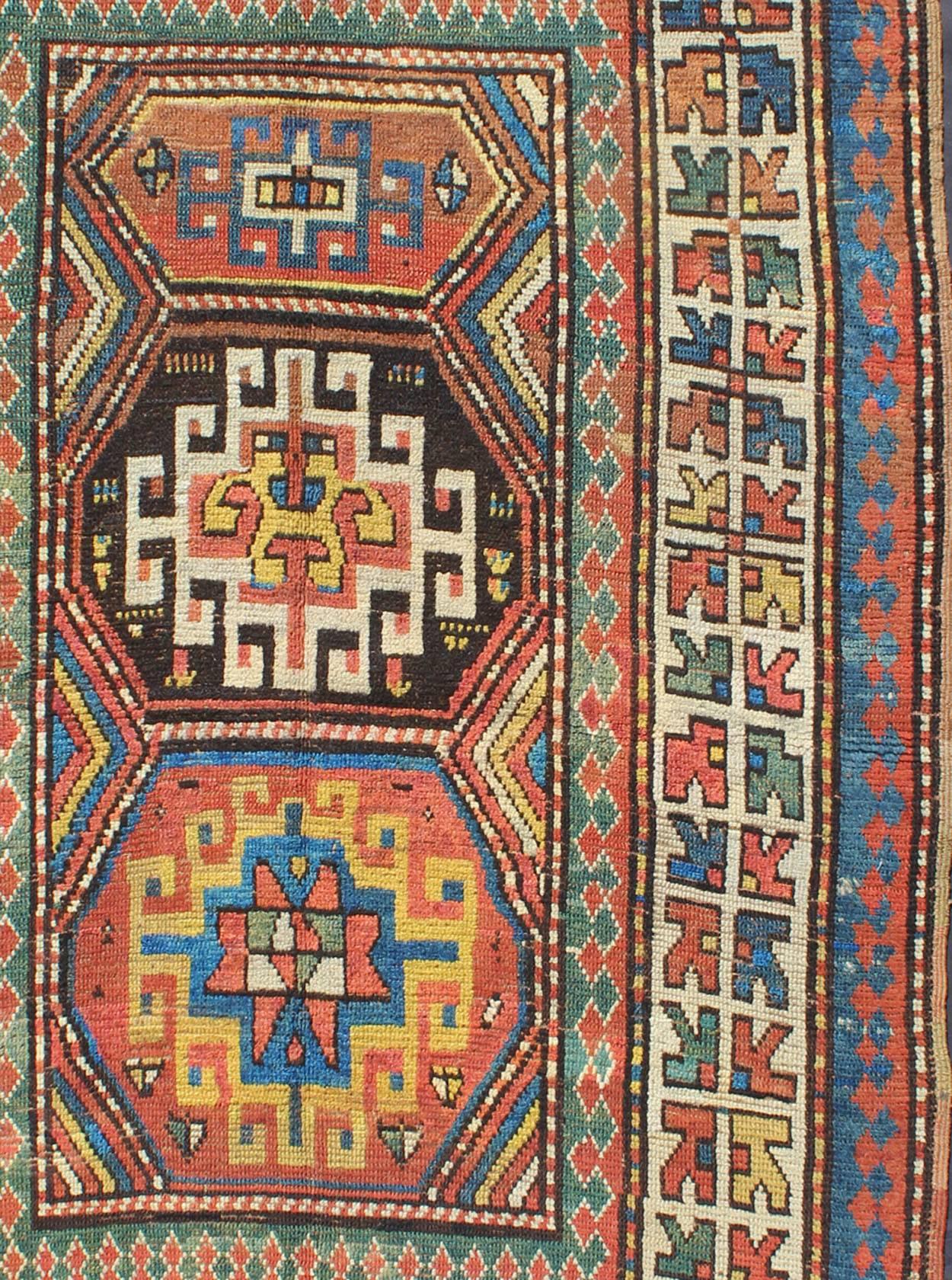 Hand-Knotted Late 19th Century Antique Kazak Carpet with Colorful Geometric Design For Sale