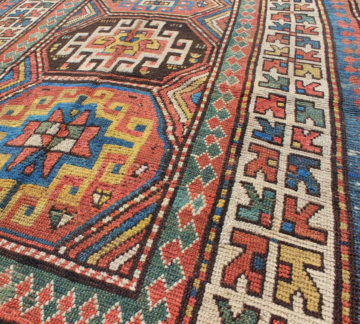 Late 19th Century Antique Kazak Carpet with Colorful Geometric Design In Excellent Condition For Sale In Atlanta, GA