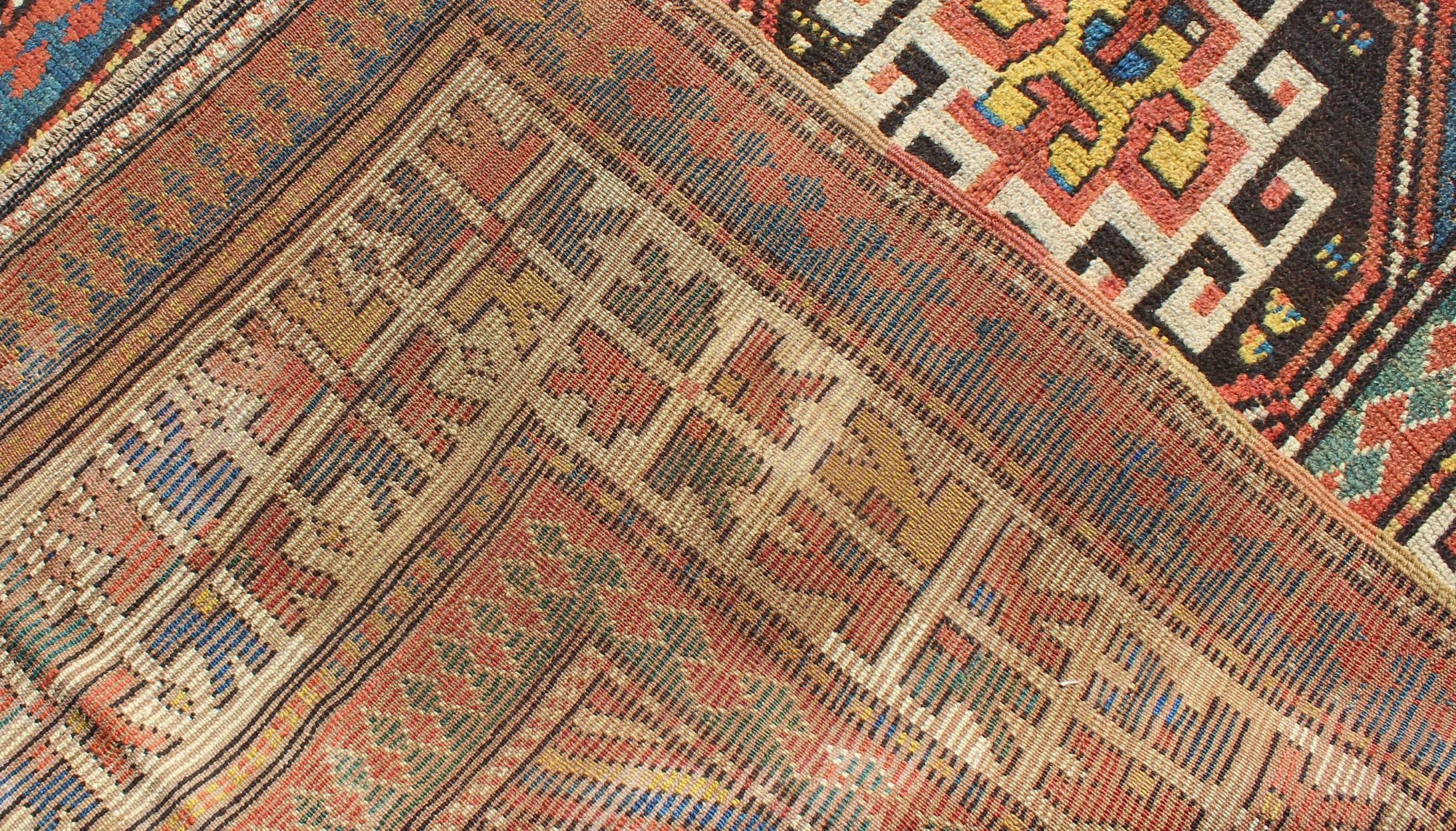 Wool Late 19th Century Antique Kazak Carpet with Colorful Geometric Design For Sale