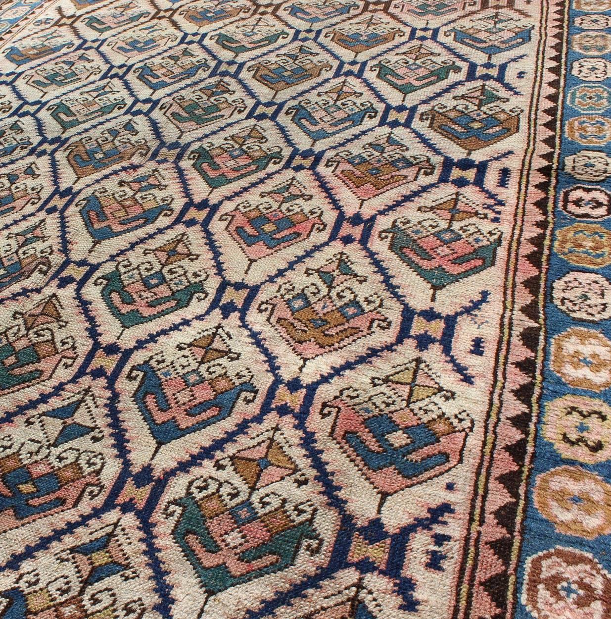 Hand-Knotted Antique Karabagh Carpet with All-Over Sub-Geometric Design 4'9