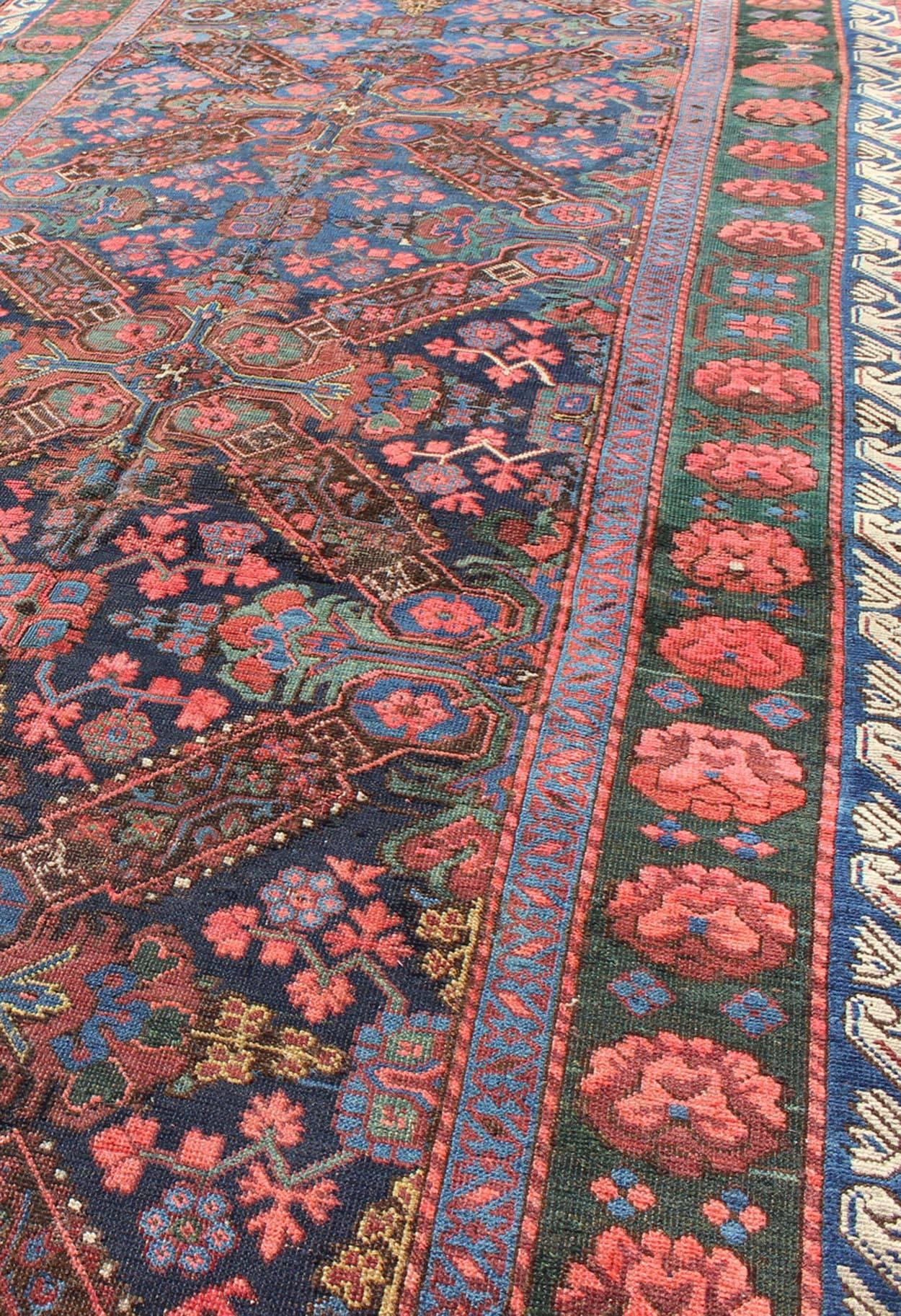 Russian Antique Caucasian 19th Century Seychour Rug in Blue, Green, Brown & Multi Colors For Sale