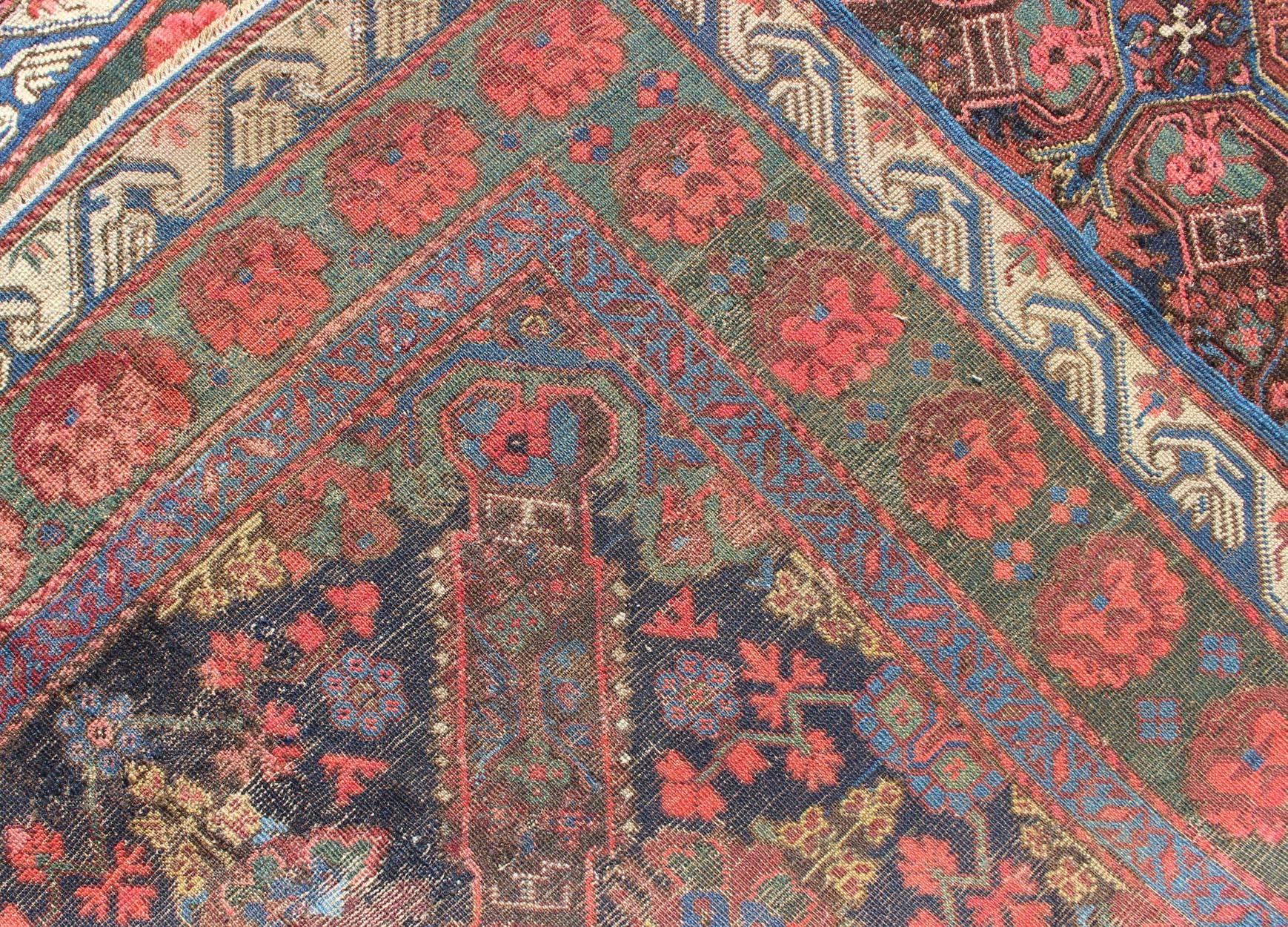 Wool Antique Caucasian 19th Century Seychour Rug in Blue, Green, Brown & Multi Colors For Sale