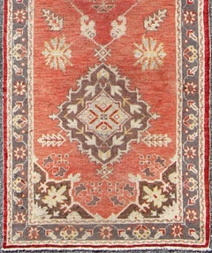 Red Mid-Century Vintage Turkish Oushak Runner with Floral Medallions