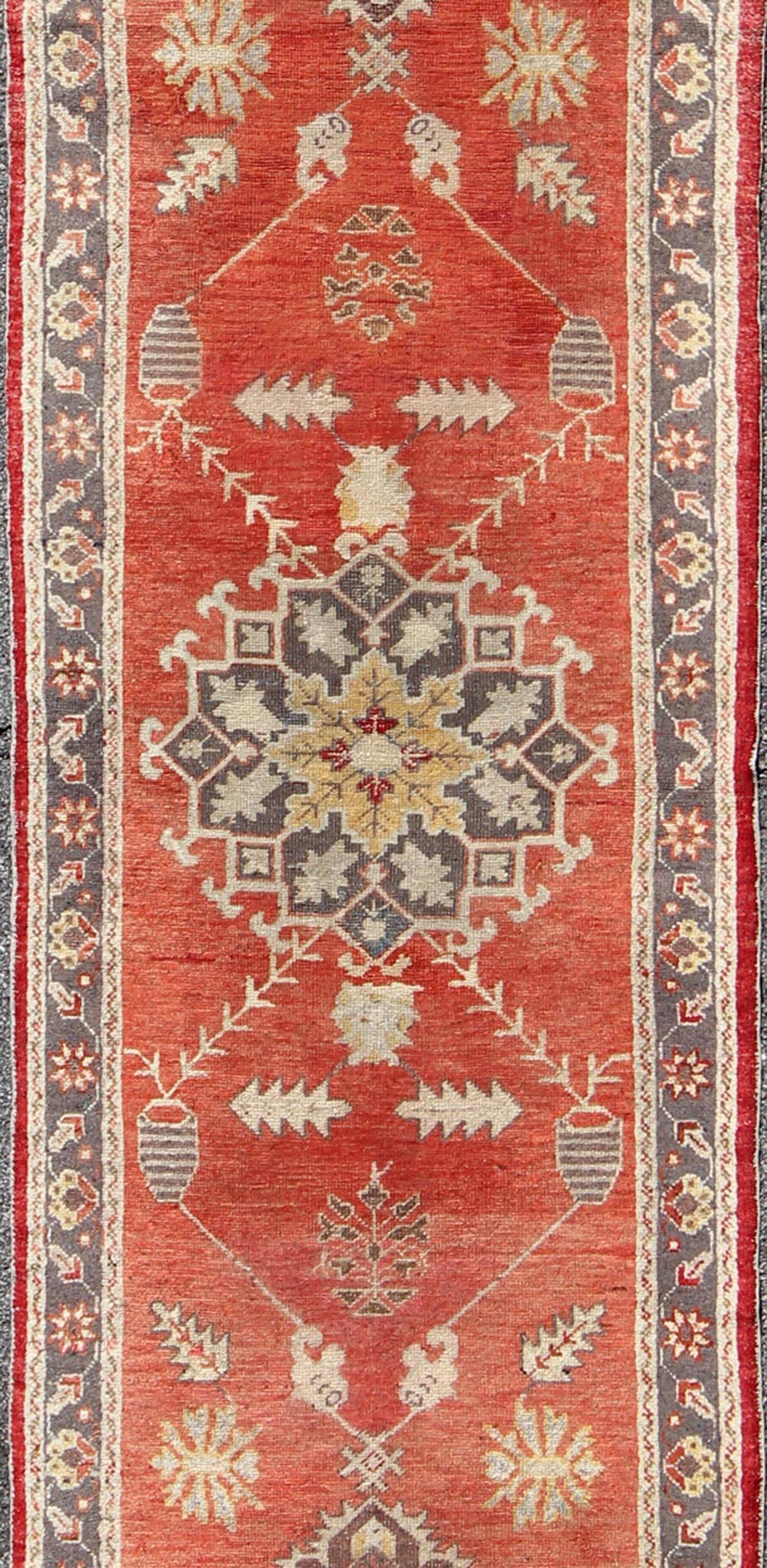 Hand-Knotted Red and Gray Mid-Century Vintage Turkish Oushak Runner with Floral Medallions For Sale